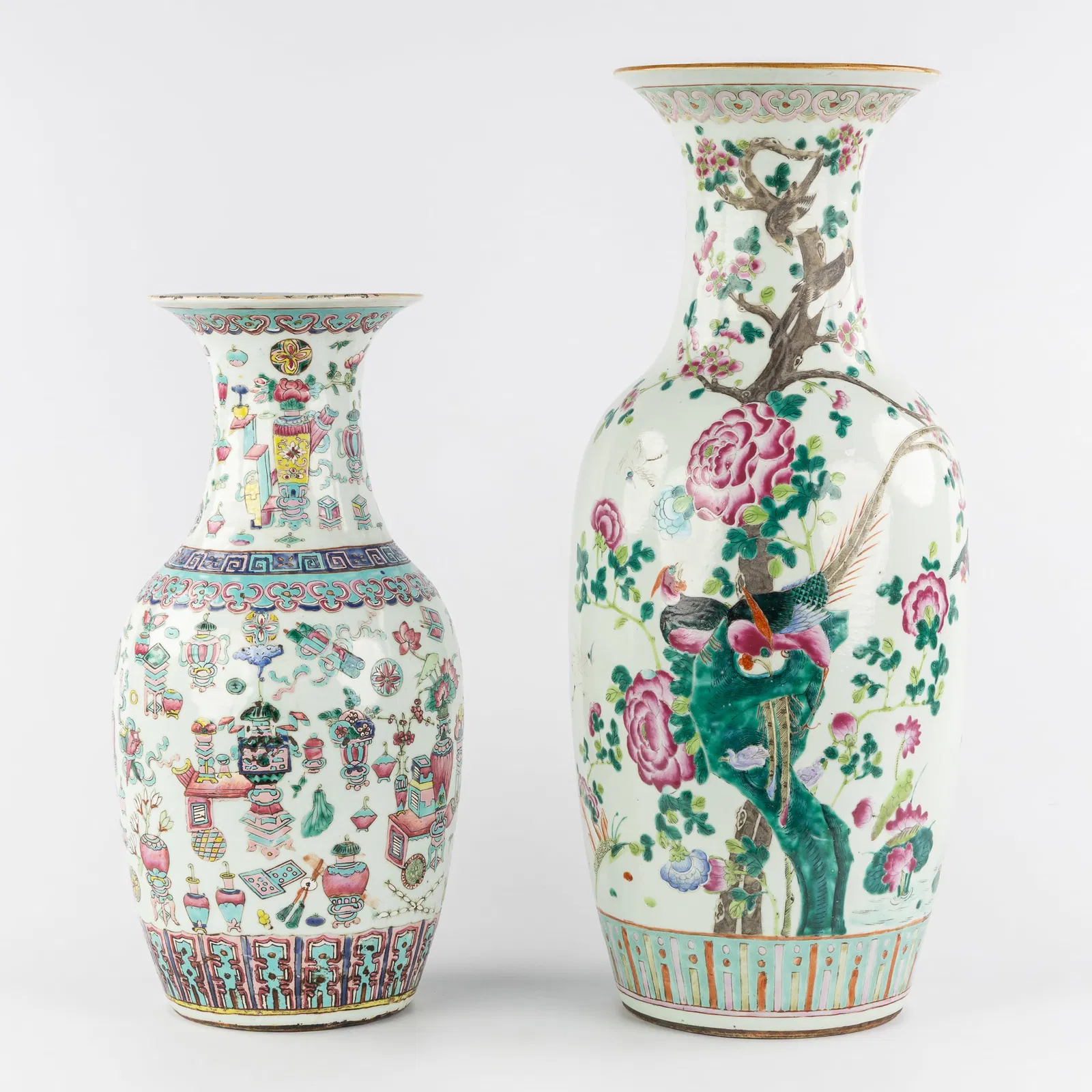 Two Chinese Famille Rose Vases decorated with Peacocks/Pheasants and One Hundred Antiquities, 19th