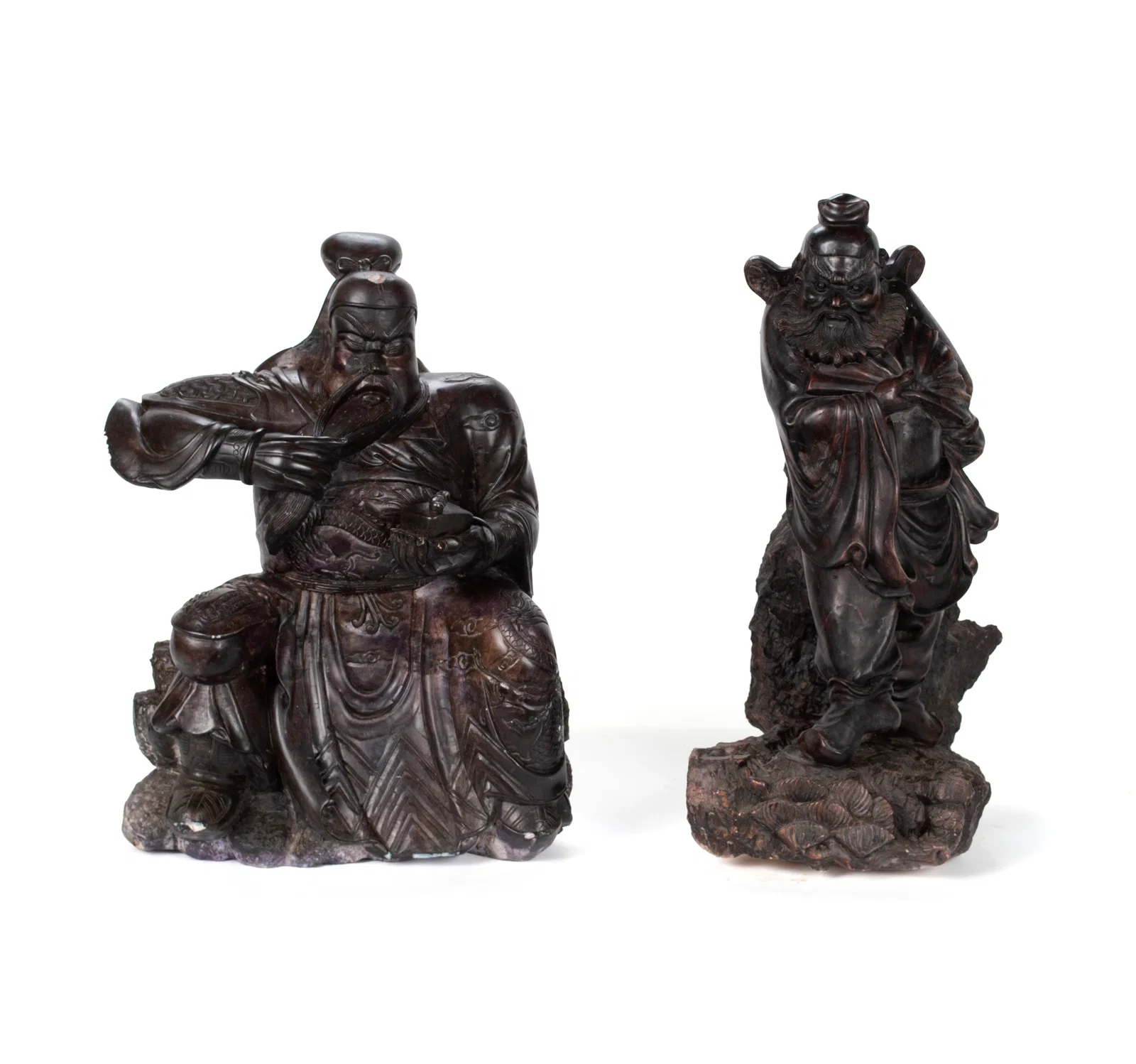 TWO CHINESE SCUPTURES OF AN ELDER AND A WARRIOR