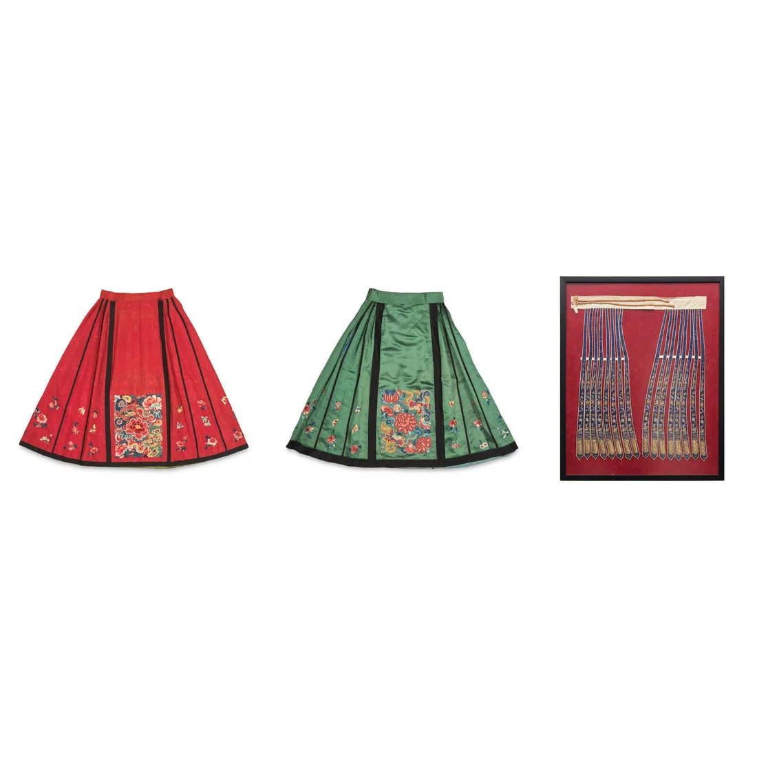 Two Chinese Silk 'Apron' Skirts and a Set of Skirt Ornaments, 19th-Early 20th Century 馬