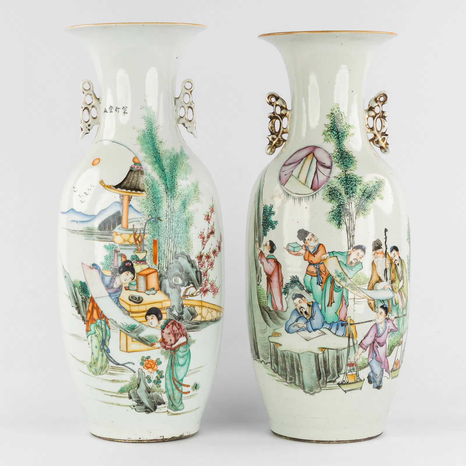 Two Chinese vases, Famille Rose, decorated with Wise Men and Court Ladies with a Scroll, 19th/20th
