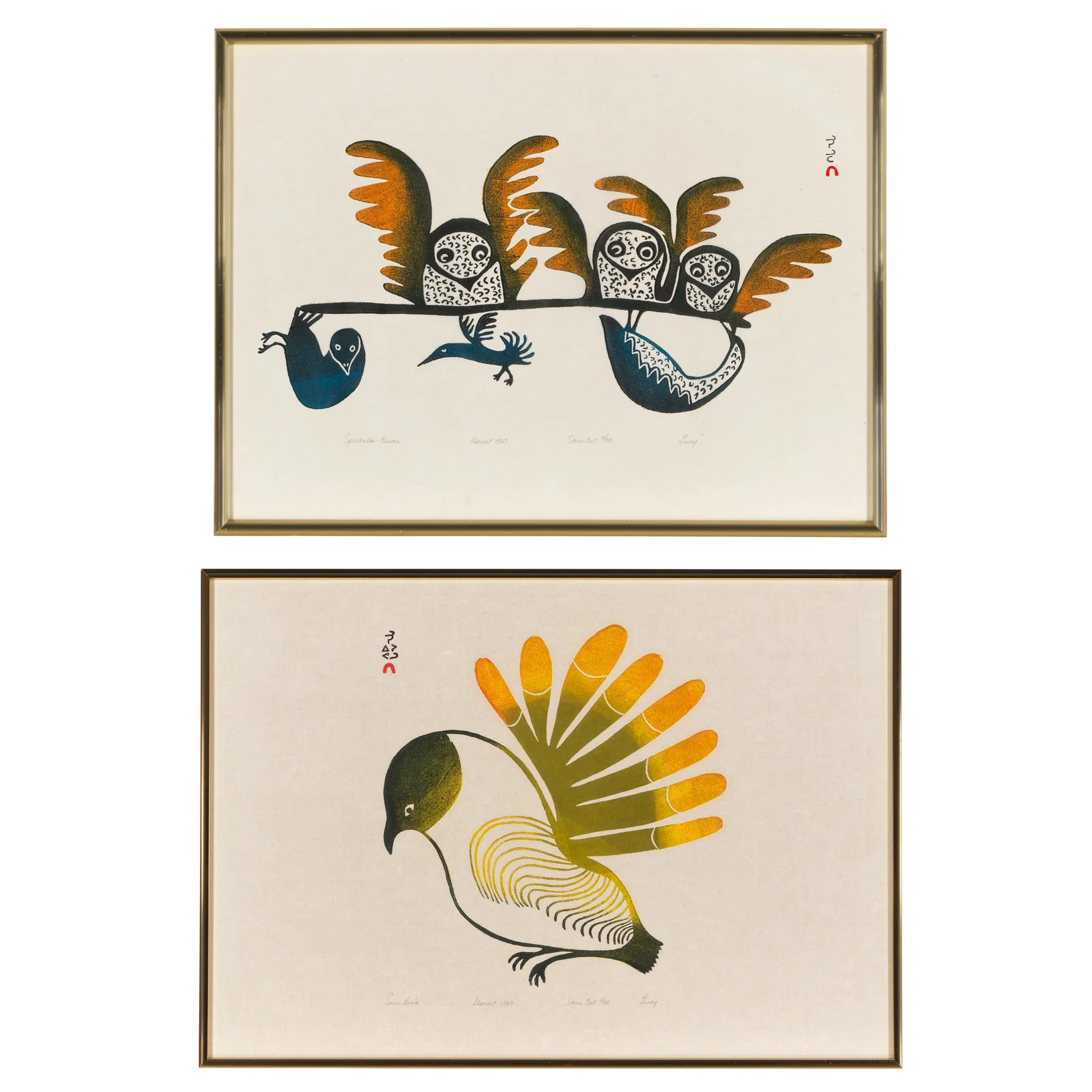 Two Lucy Qinnuayuak stonecuts: 'Sun Bird,' 1969 and 'Spectator Birds,' 1969