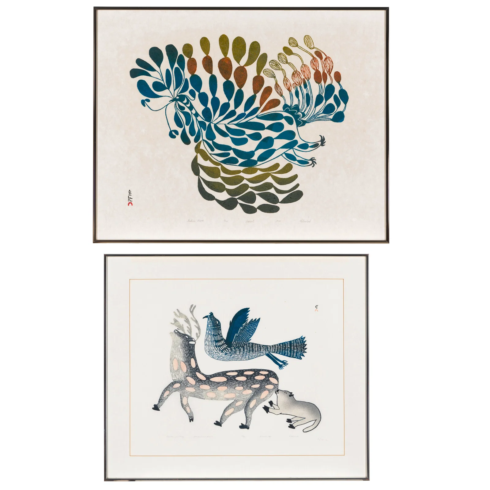 Two Pitseolak Ashoona stonecuts, 'Festive Bird,' 1970, and 'Caribou at Play,' 1980