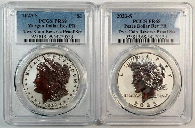 Two Proof 2023 San Francisco Silver Dollars Morgan and Peace PCGS PR-69 and PR-68