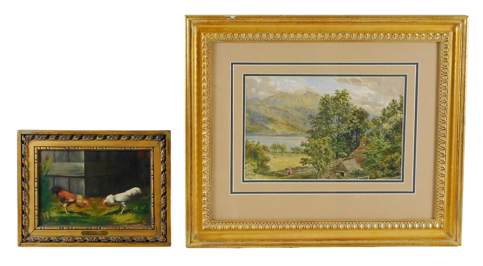 Two small genre paintings, including: "The Two Deacons" farmyard scene, oil on artist board, two