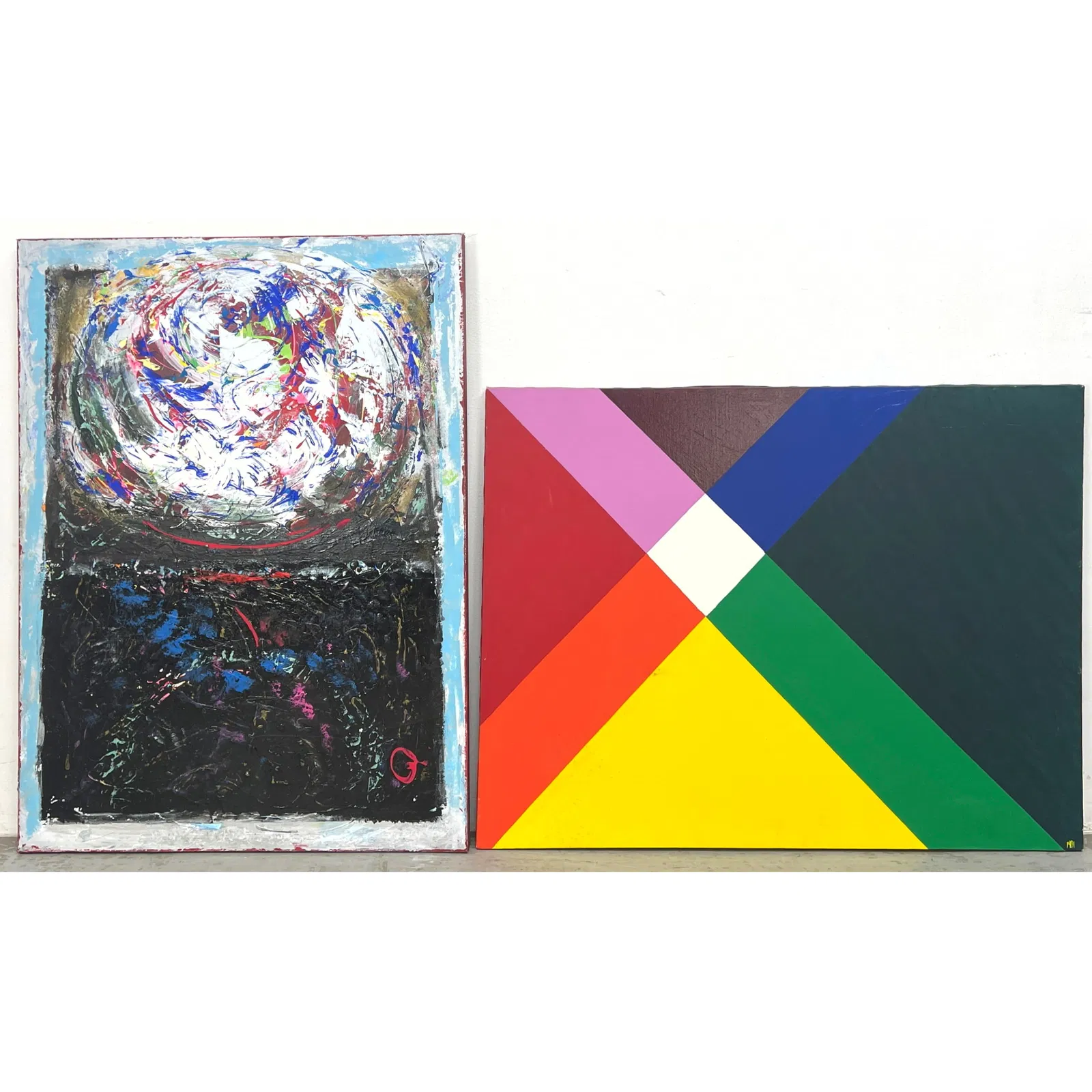 Two Vintage Modernist Paintings, one Abstract Color Geometric Patterns, 1970 and one later Splatter