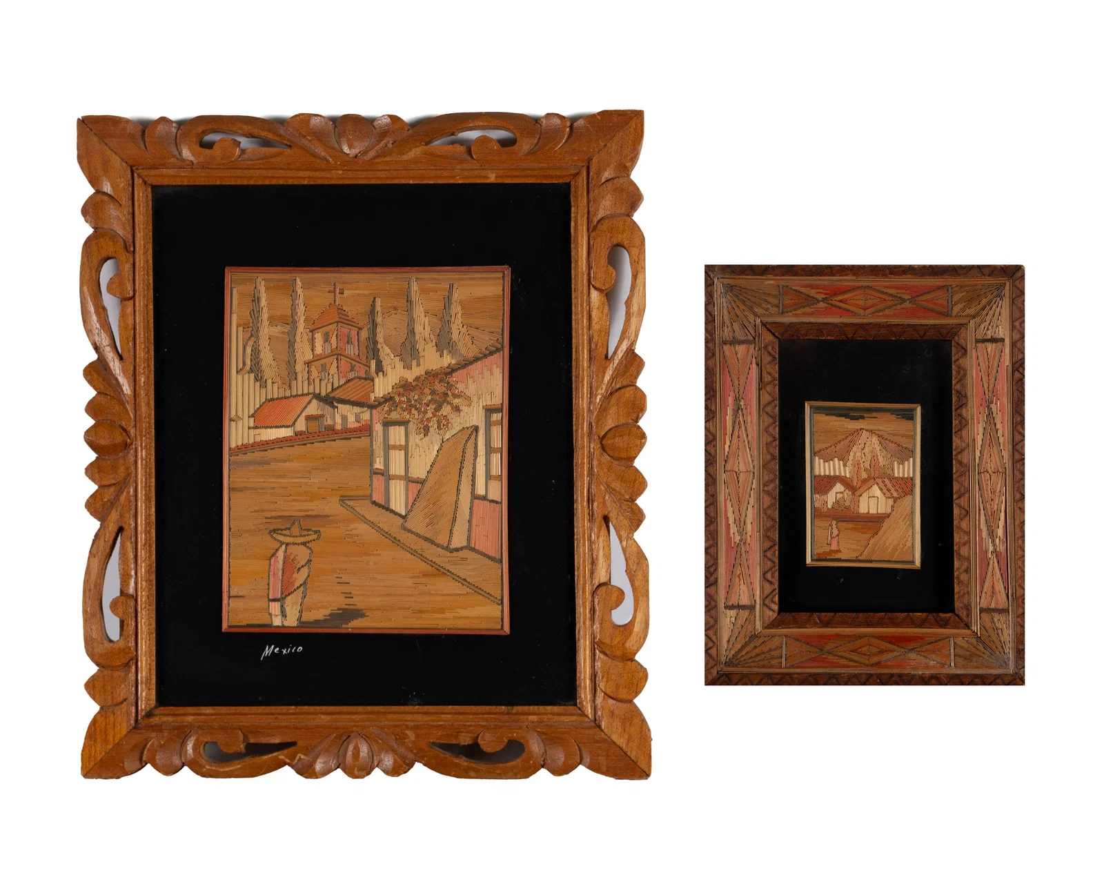 TWO VINTANGE POPOTILLO STRAW MOSAICS