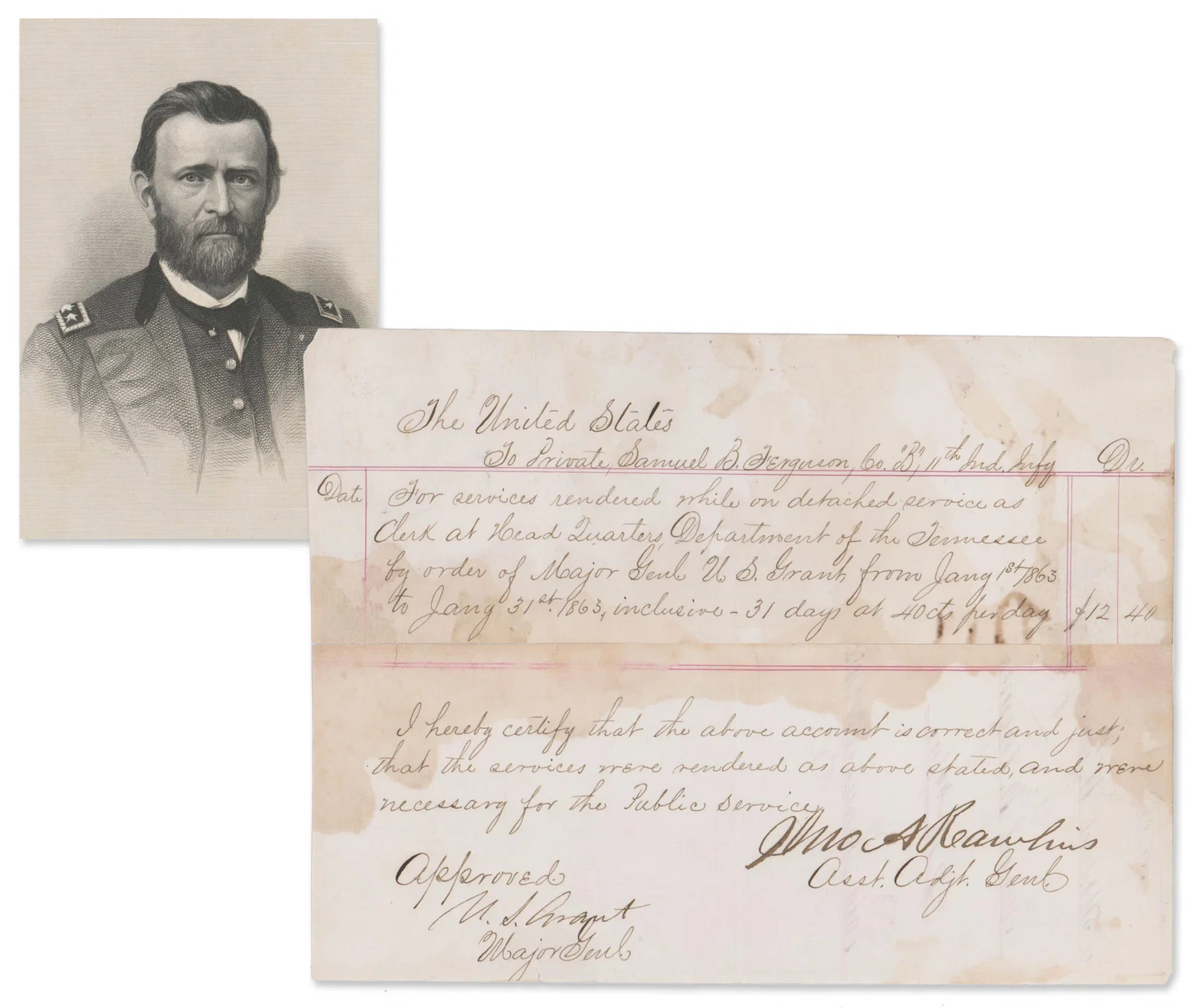 U.S. Grant Approves a Clerk's Pay - Also Signed by John A. Rawlins
