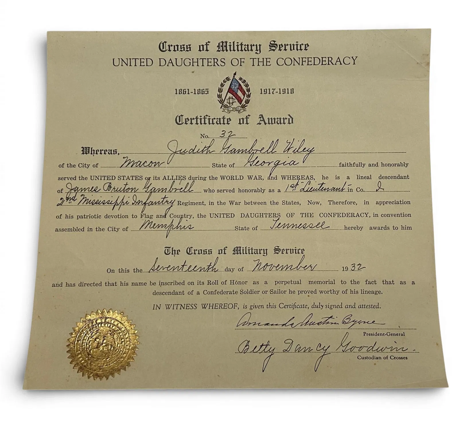 UDC WWI Cross of Military Service Certificate Awarded to First Female Recipient 1932