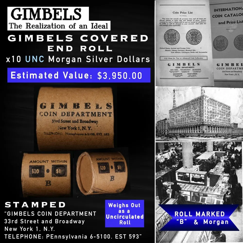 UNC Silver Dollar GIMBLES Roll All Morgans 10 Coin B