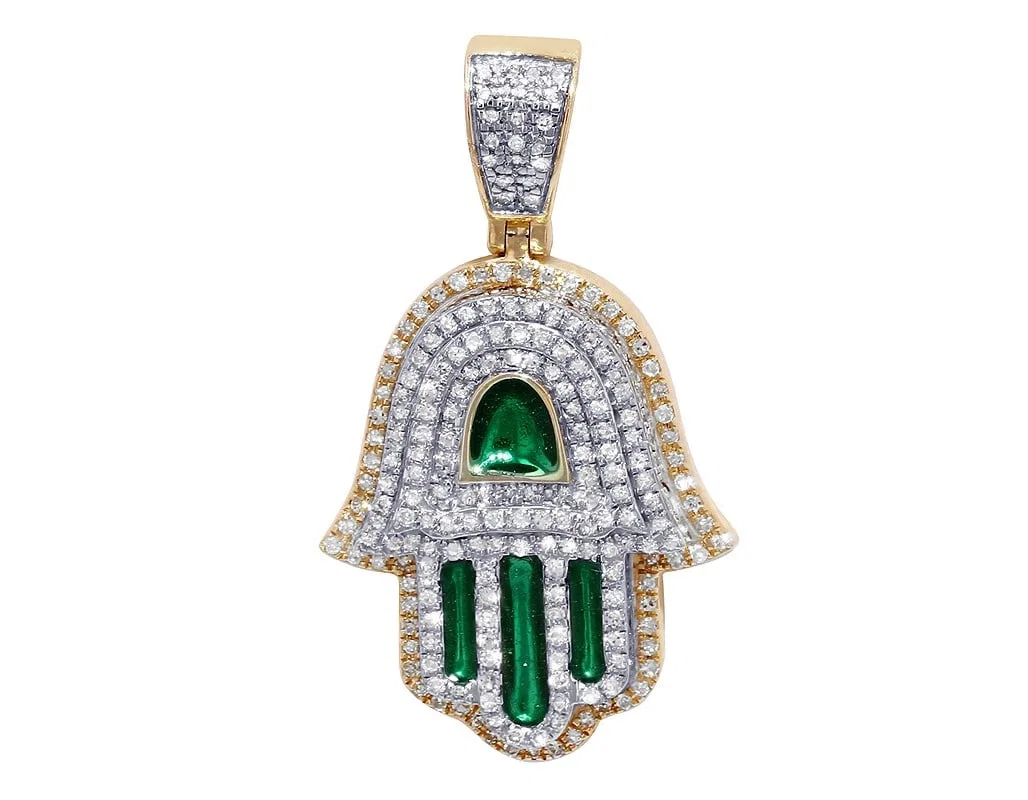 UNISEX HAMSA DIAMOND AMULET WITH GREEN PENDANT