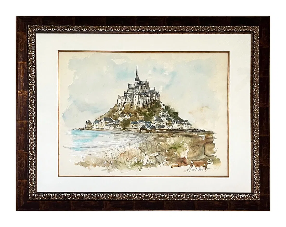Urbain Huchet Mont Saint Michel Original Watercolor Painting Framed