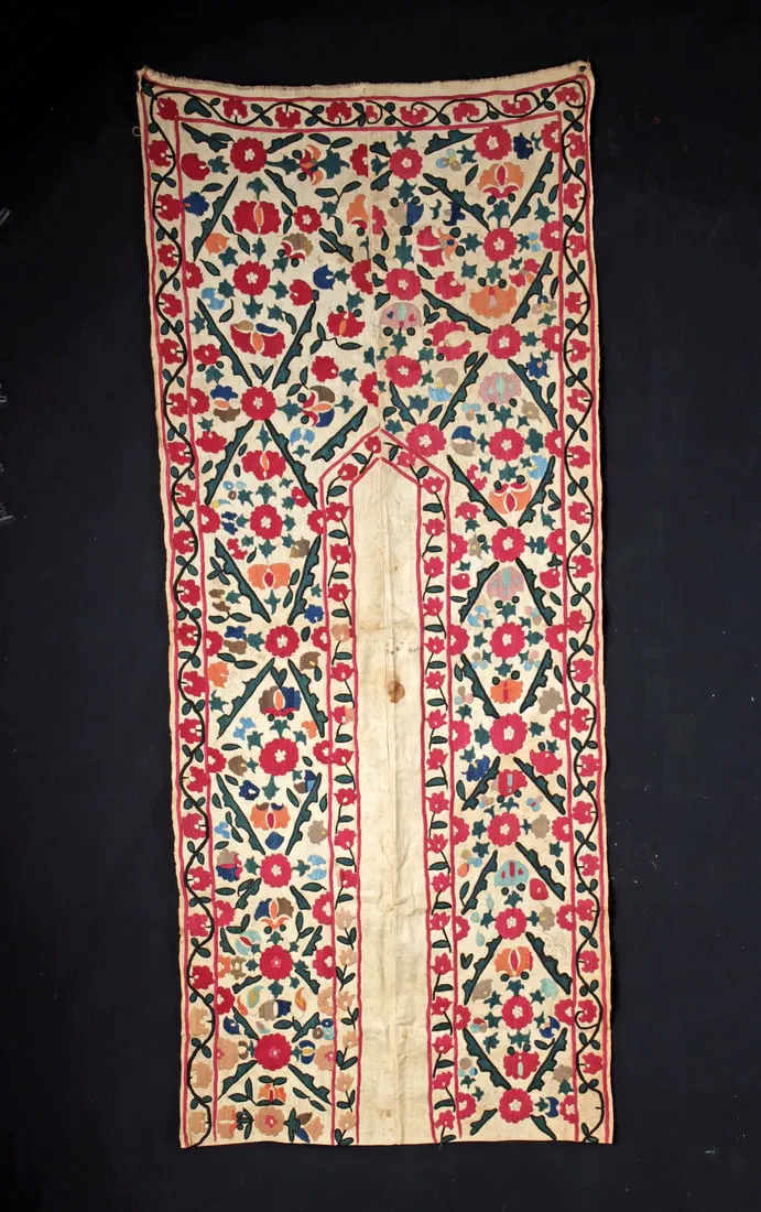 Uzbek Suzani Prayer Cloth with Floral Silk Embroidery