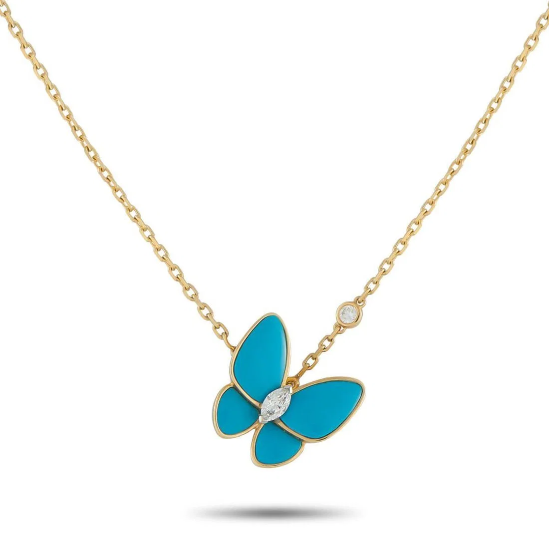 VAN CLEEF & ARPELS 18K YELLOW GOLD DIAMOND AND TURQUOISE BUTTERFLY NECKLACE