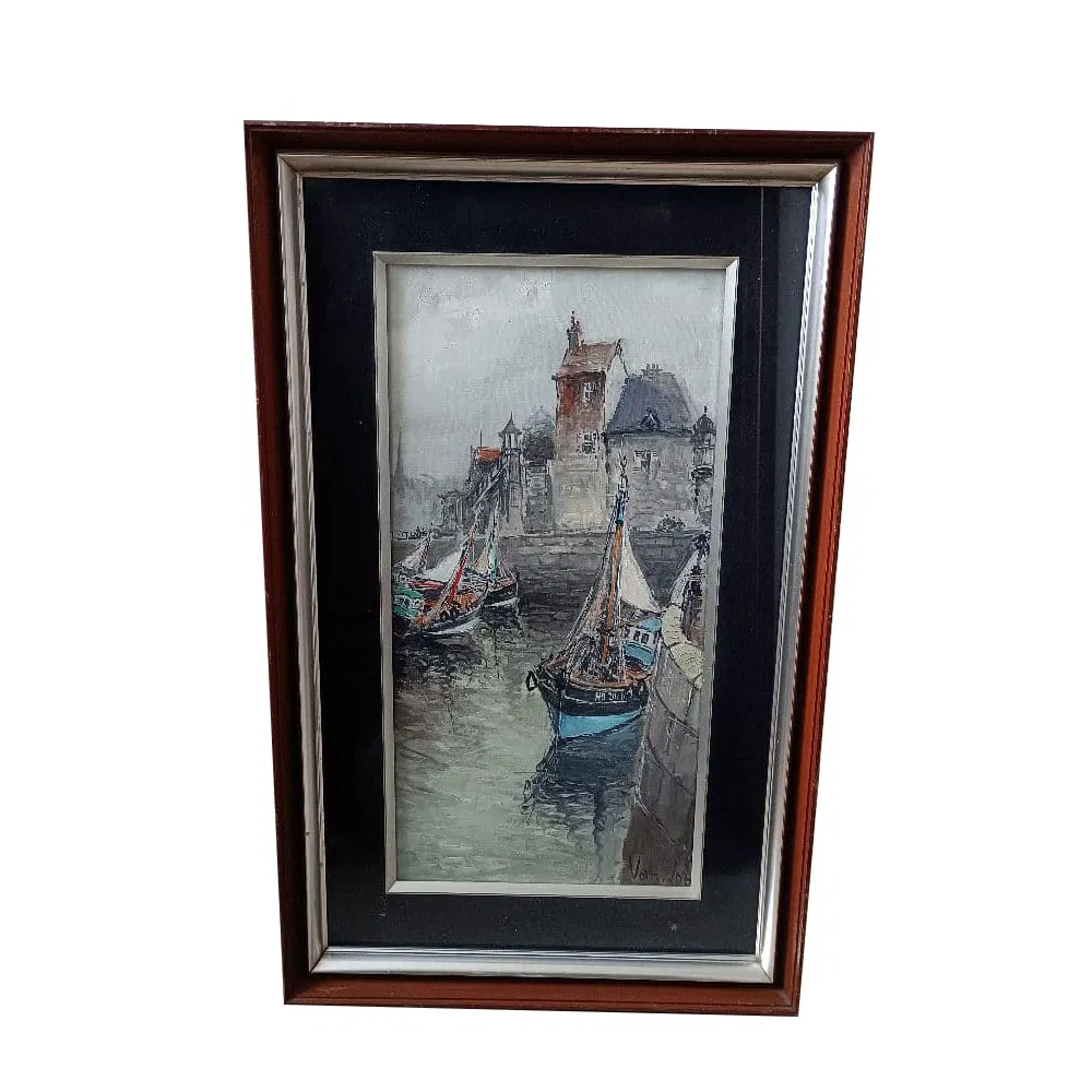 Van Lod (French), Harbor Town Landscape, Oil on Canvas, Signed, Framed