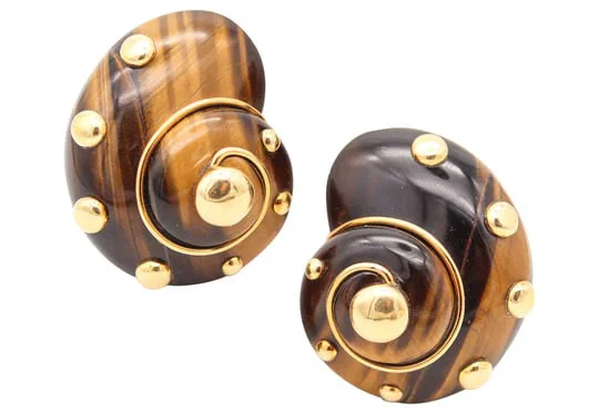 VERDURA Milan Dots Clip Earrings In 18Kt Yellow Gold & Carved Tiger Eye