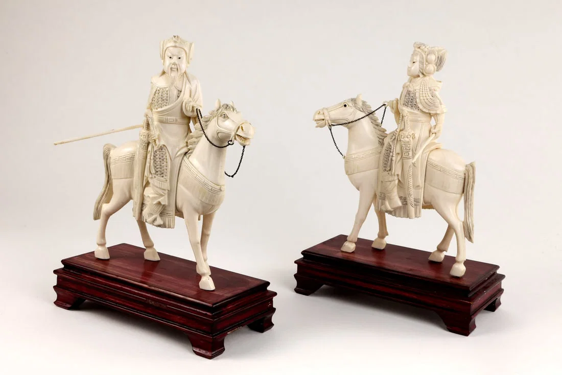 Very Fine Chinese CARVED FIGURINES with Metal Chain Reins