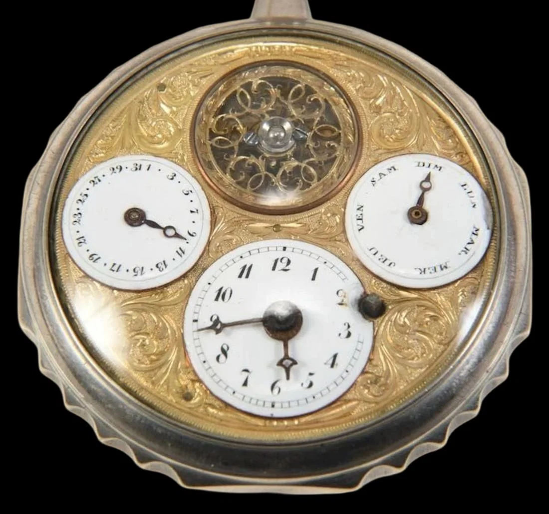Very Rare 18th Cent. European Silver Verge Fusee Pocket Watch /w Calendar & Exposed Escapement