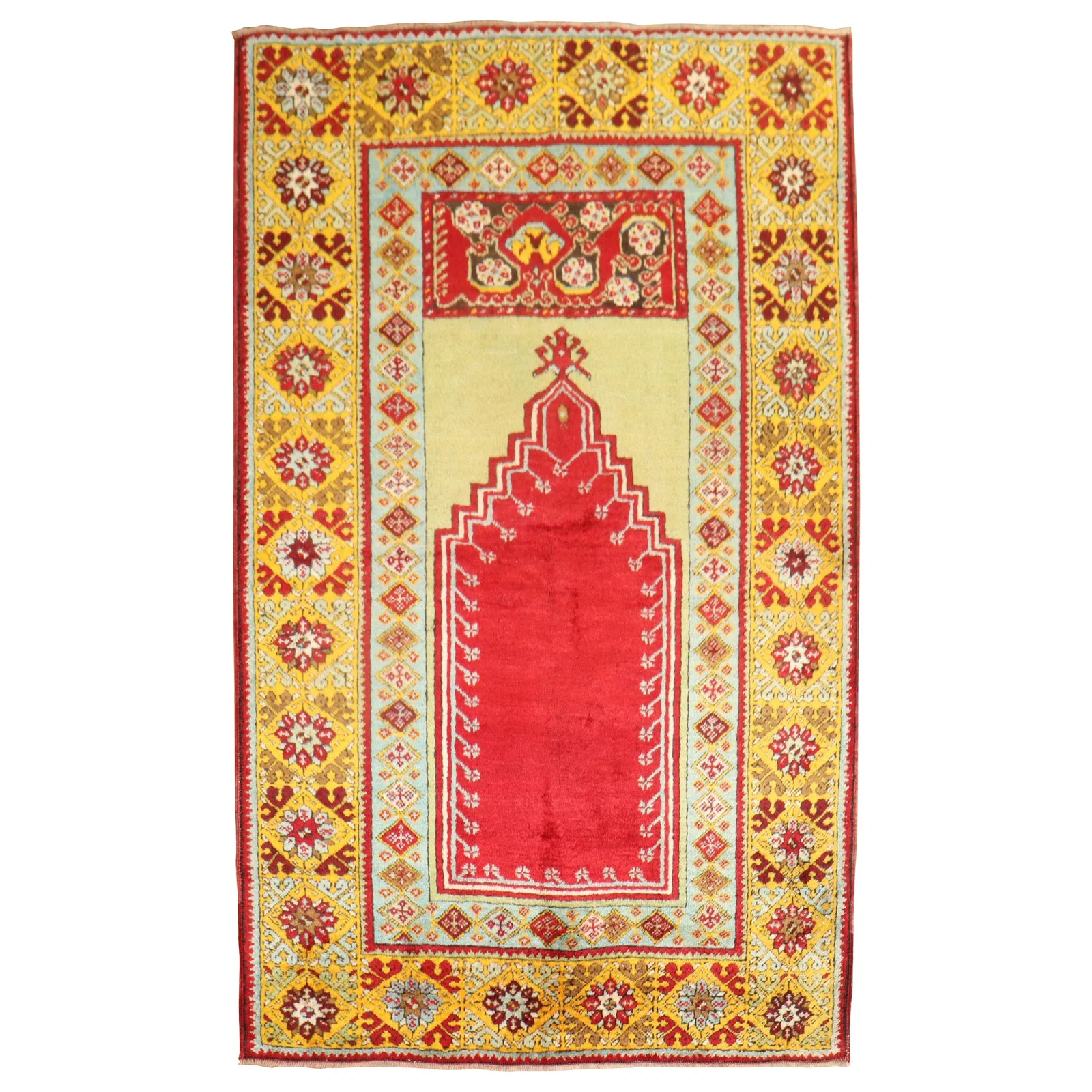 Vibrant Antique Turkish Oushak Prayer Rug Wool Islamic Design 1920s