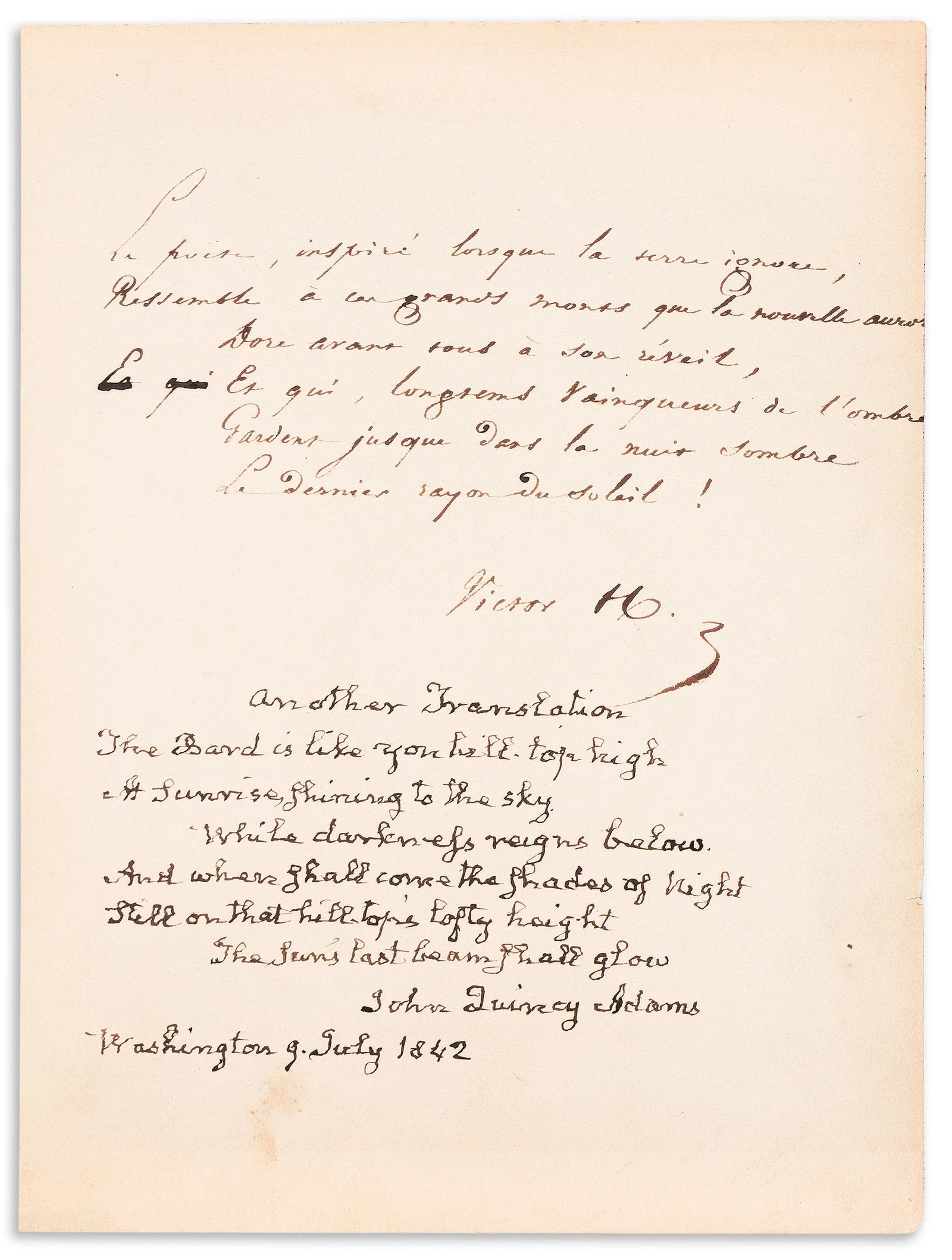 Victor Hugo; and John Quincy Adams. Two Autograph Manuscripts Signed, each by one, the last stanza