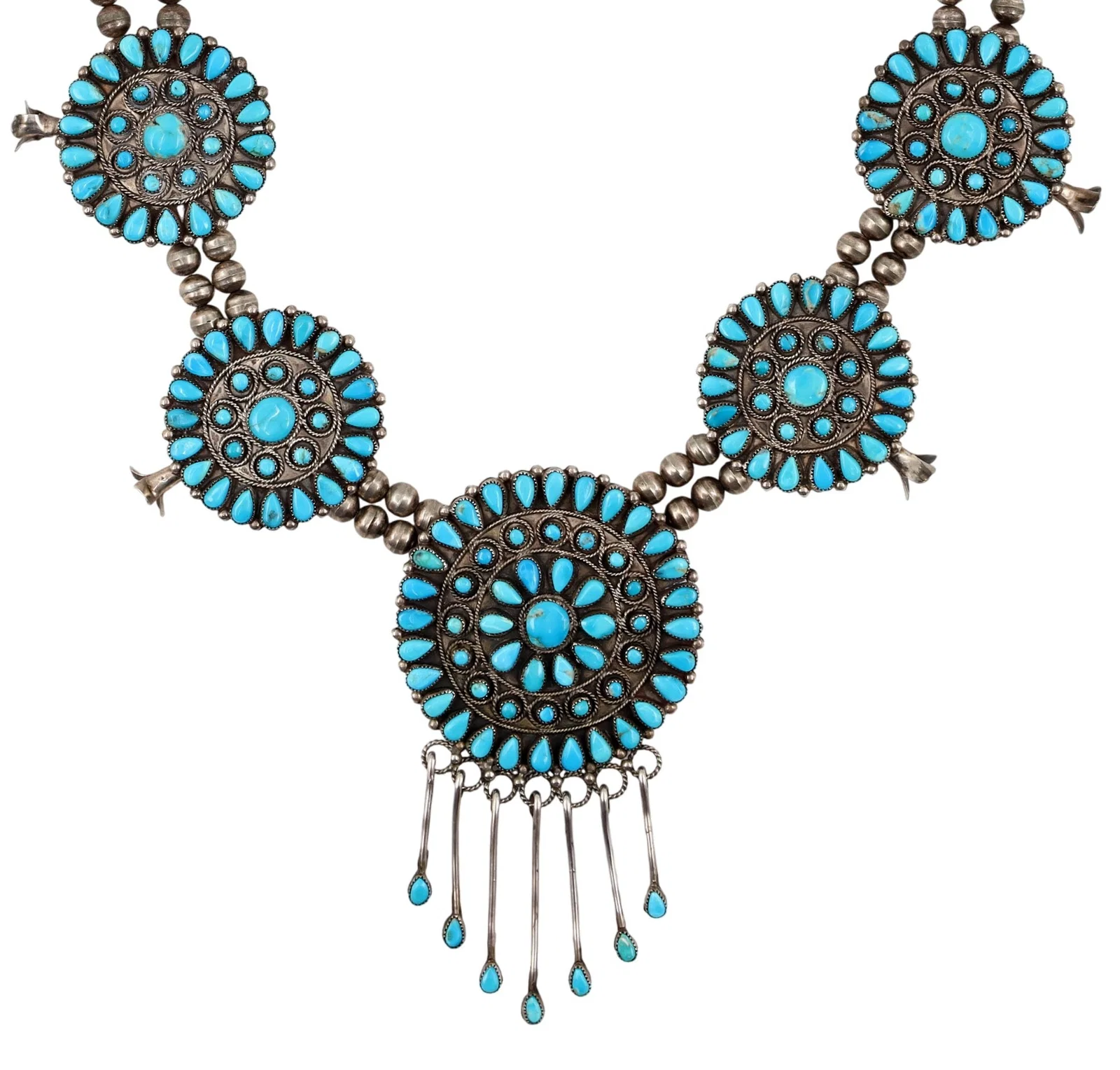 Victor Moses Begay Navajo Turquoise Cluster Squash Blossom Necklace