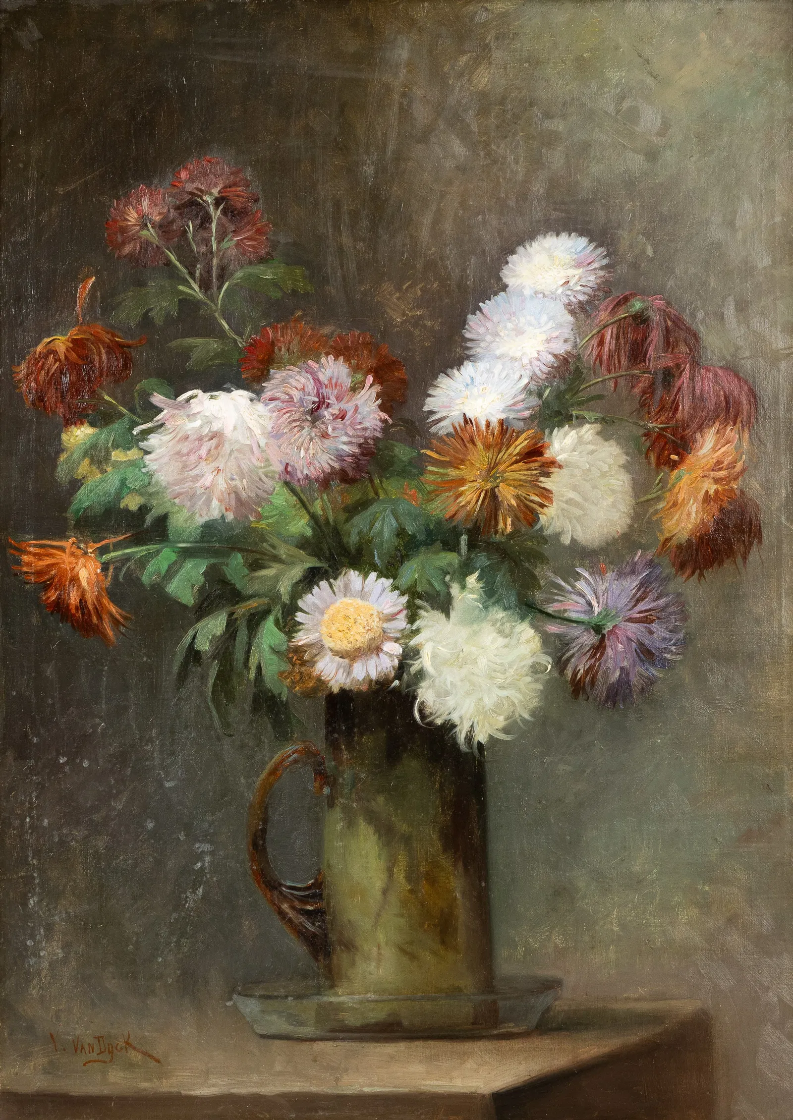 Victor Van Dyck (1862-1949) 'Chrysanthemums', oil on canvas.