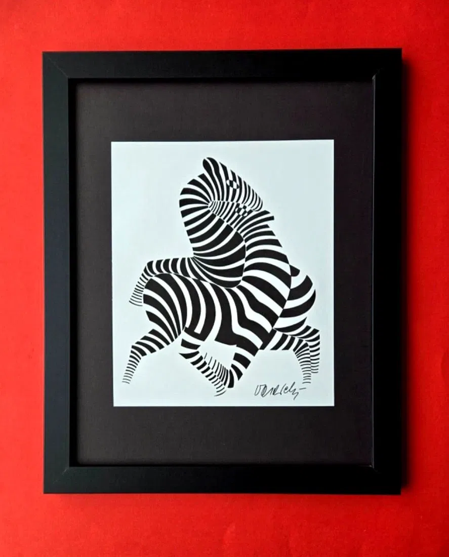 VICTOR VASARELY PRINT FROM 1970 + SIGNED ZEBRAS ABSTRACT w NEW FRAME