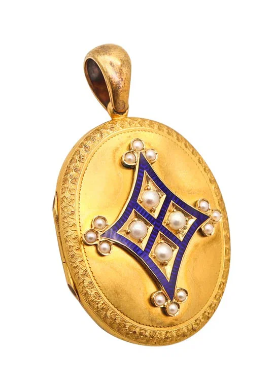 VICTORIAN 1890 Blue Enameled Locket In 18Kt Yellow Gold And White pearls