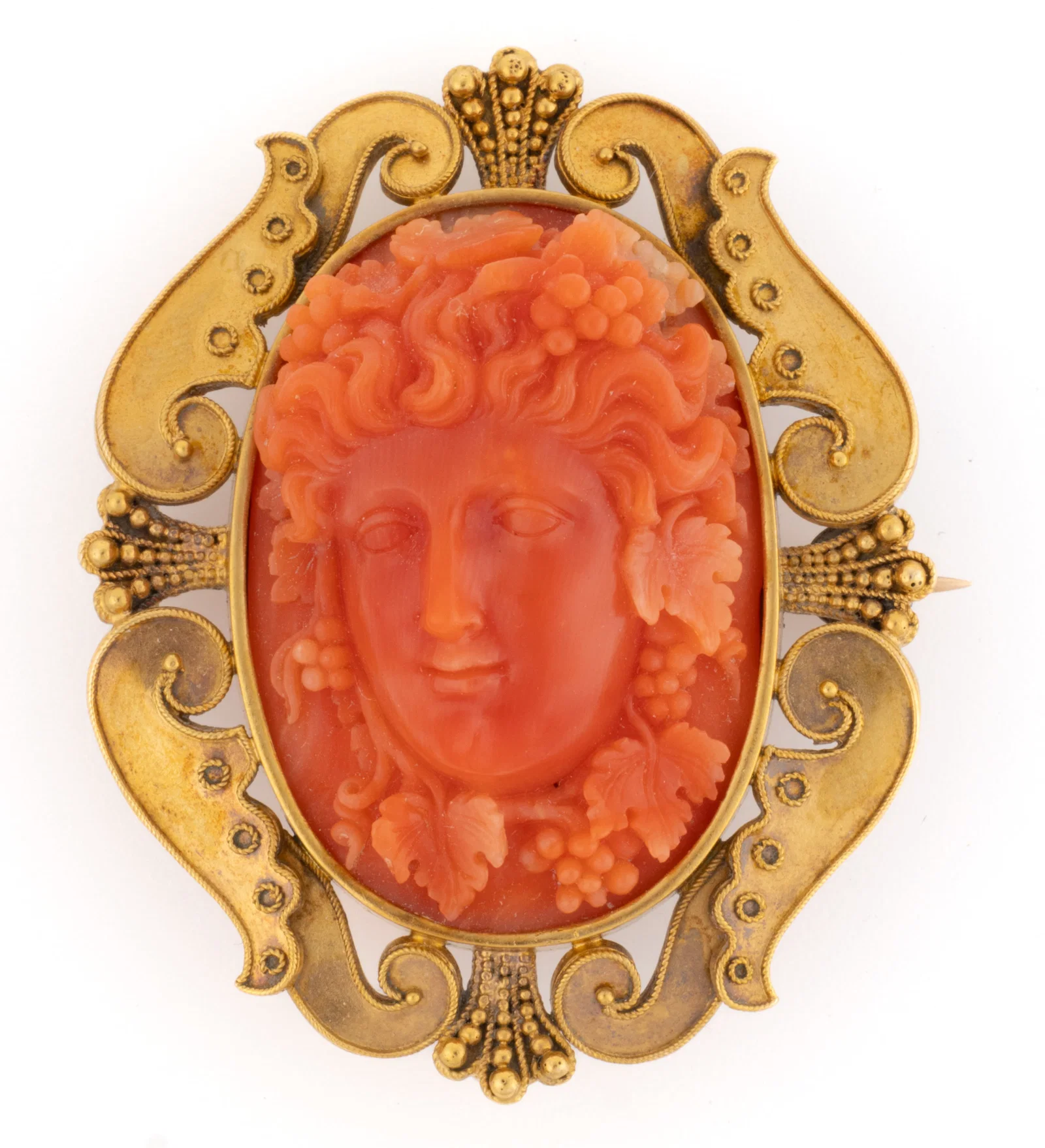 VICTORIAN / ANTIQUE 14K-18K YELLOW GOLD AND CARVED CORAL CAMEO BROOCH