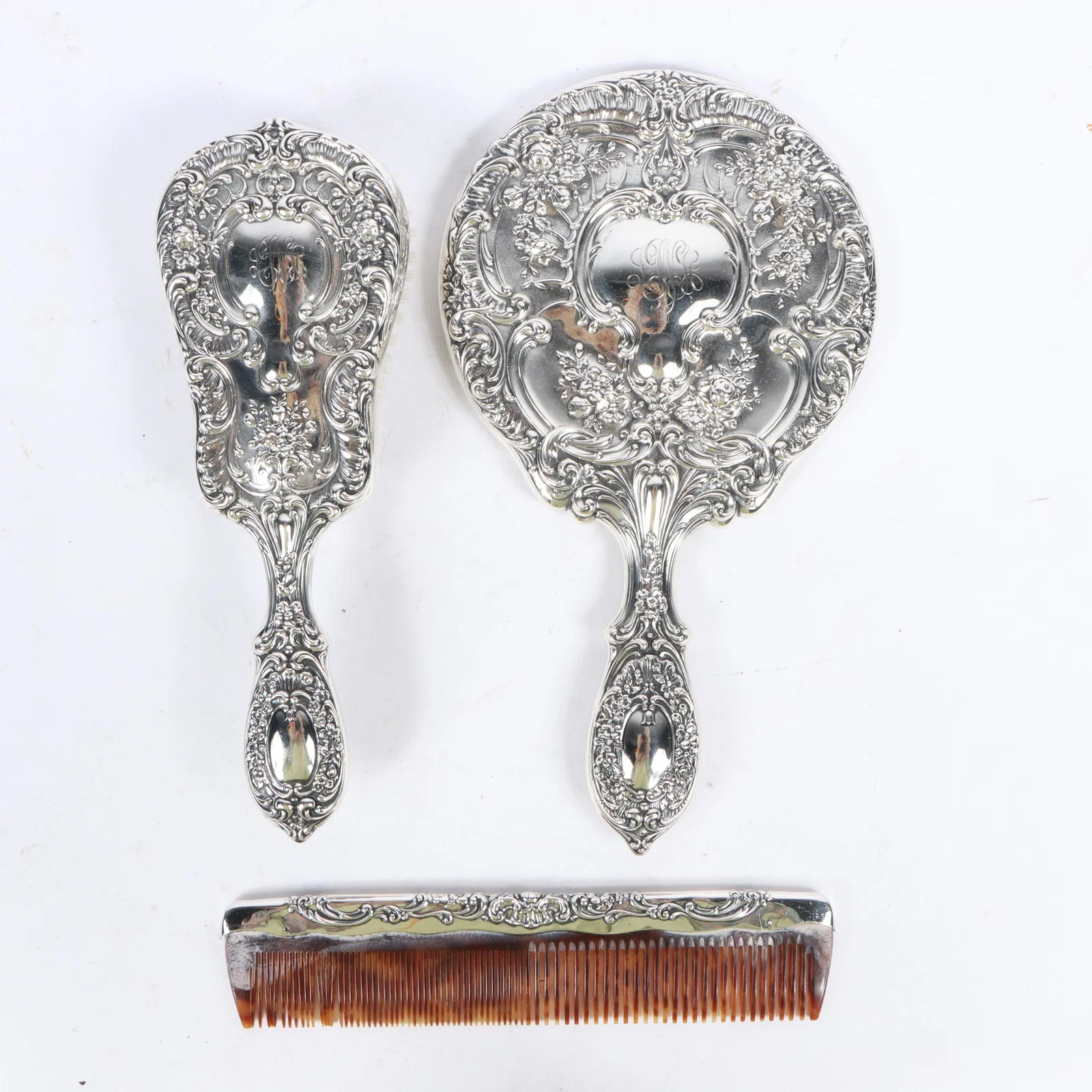 Victorian Era Sterling Silver Monogramed Gorham Vanity Set, 3pc. 9 1/2"H x 5 1/2"W (mirror measured)