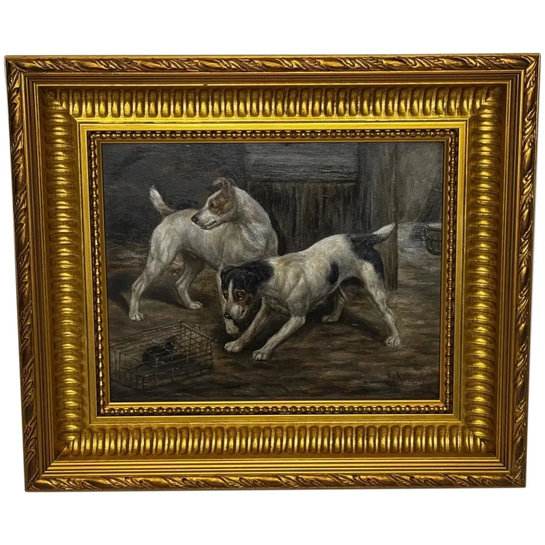 VICTORIAN MASTERPIECE RAT TRAPPED JACK RUSSELL TERRIERS OIL PAINTING