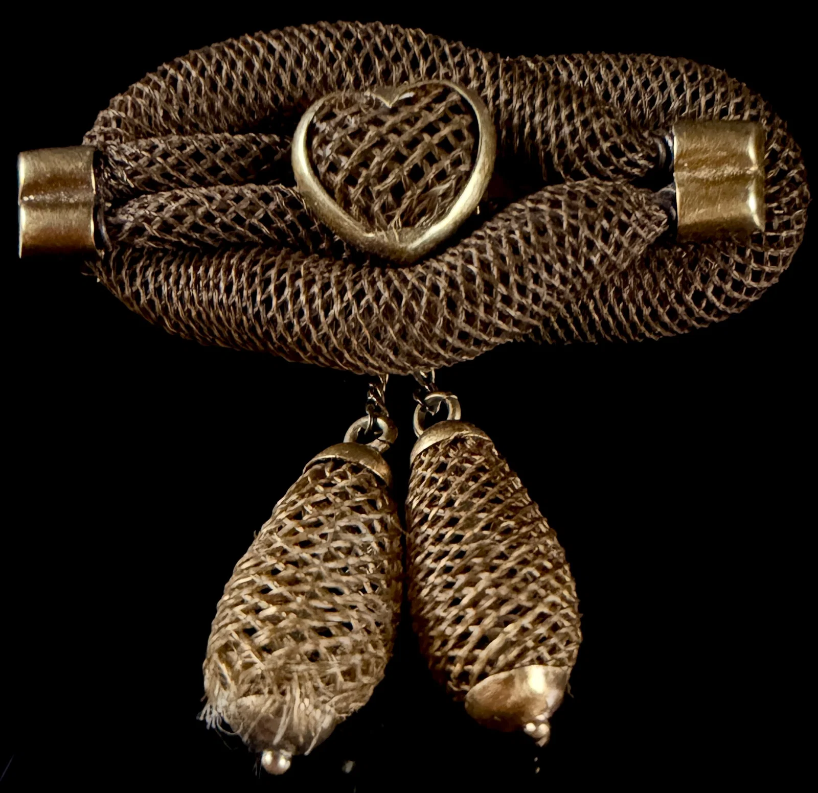 Victorian Woven Hair Mourning Brooch with Heart Motif and Pendants