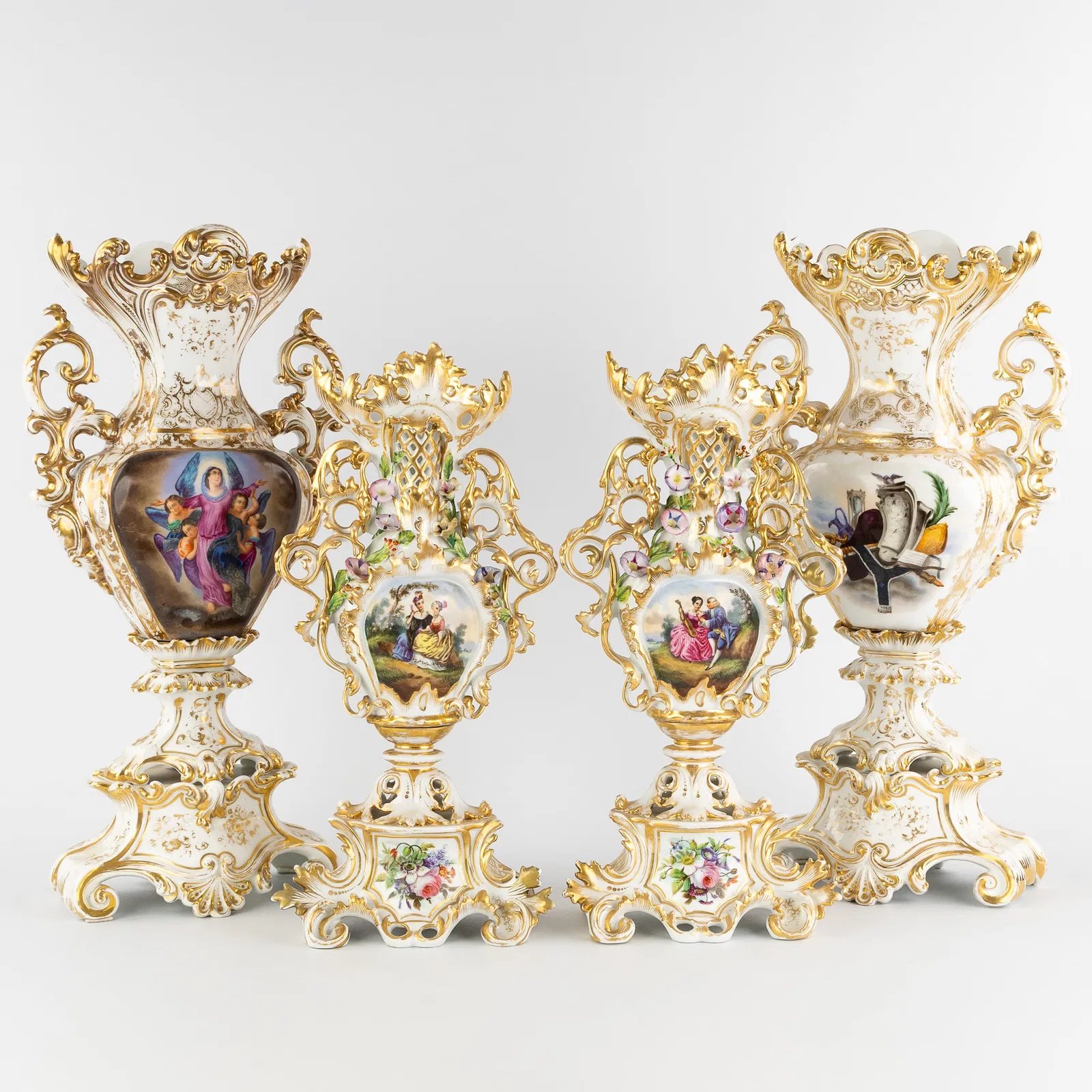 Vieux Paris, two pairs of vases with hand-painted and gilded decorations, Louis XV style, 19th C.