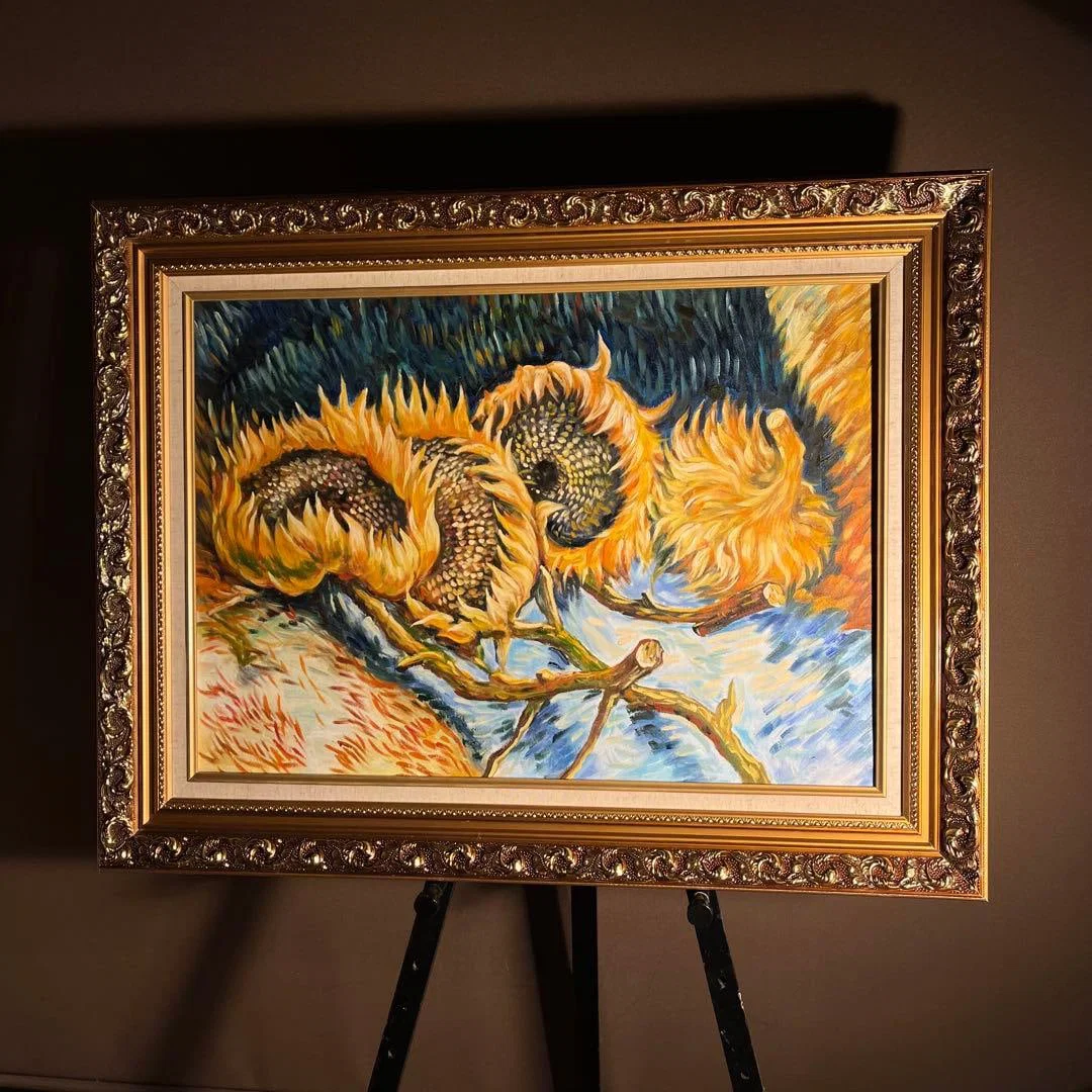 Vincent van Gogh, "Four Sunflowers," hand-painted oil painting, original, framed.