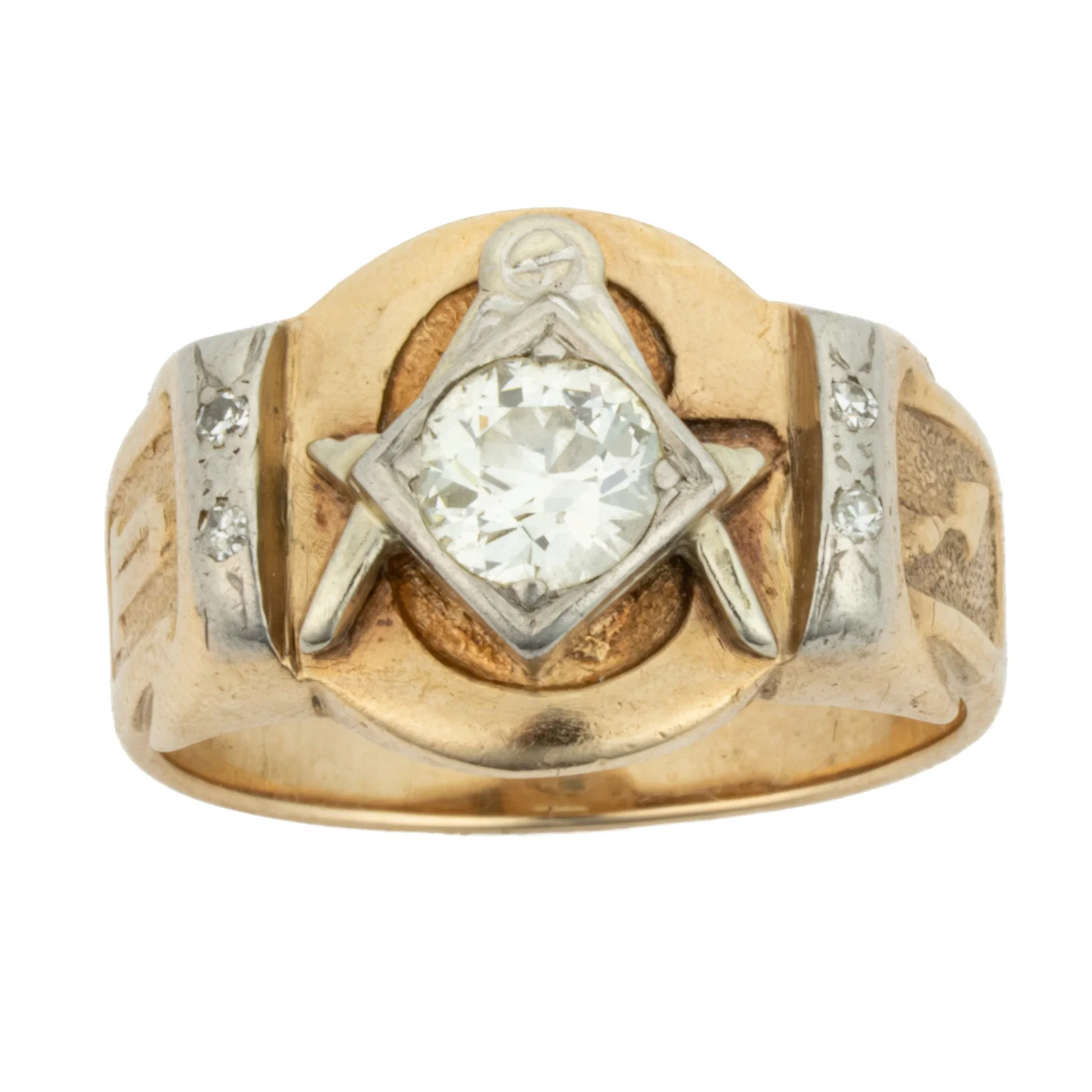VINTAGE 10-14K YELLOW GOLD AND DIAMOND MASONIC MEN'S RING