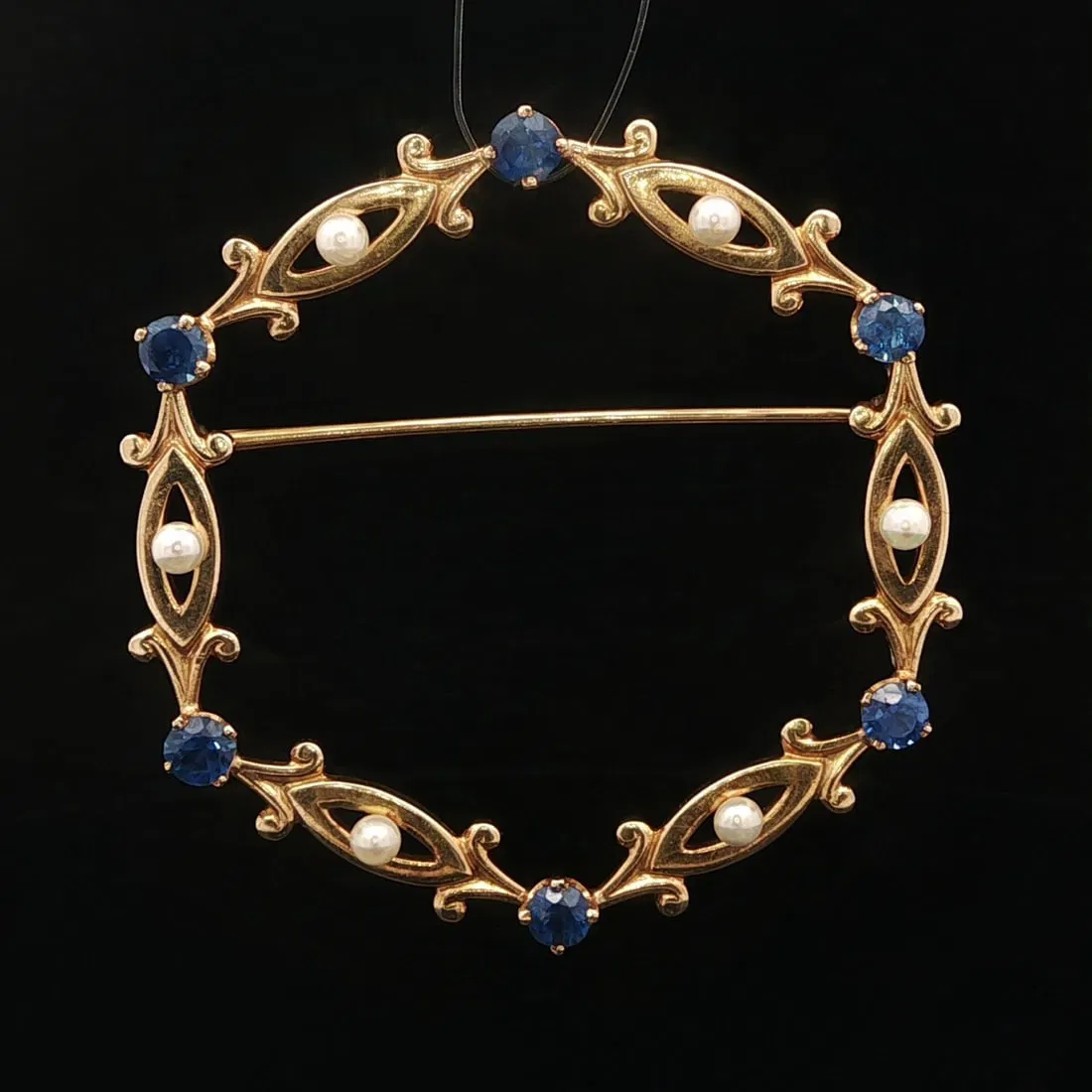 Vintage 14k Gold GIA Certified 1ct Blue Sapphire Pearl Brooch