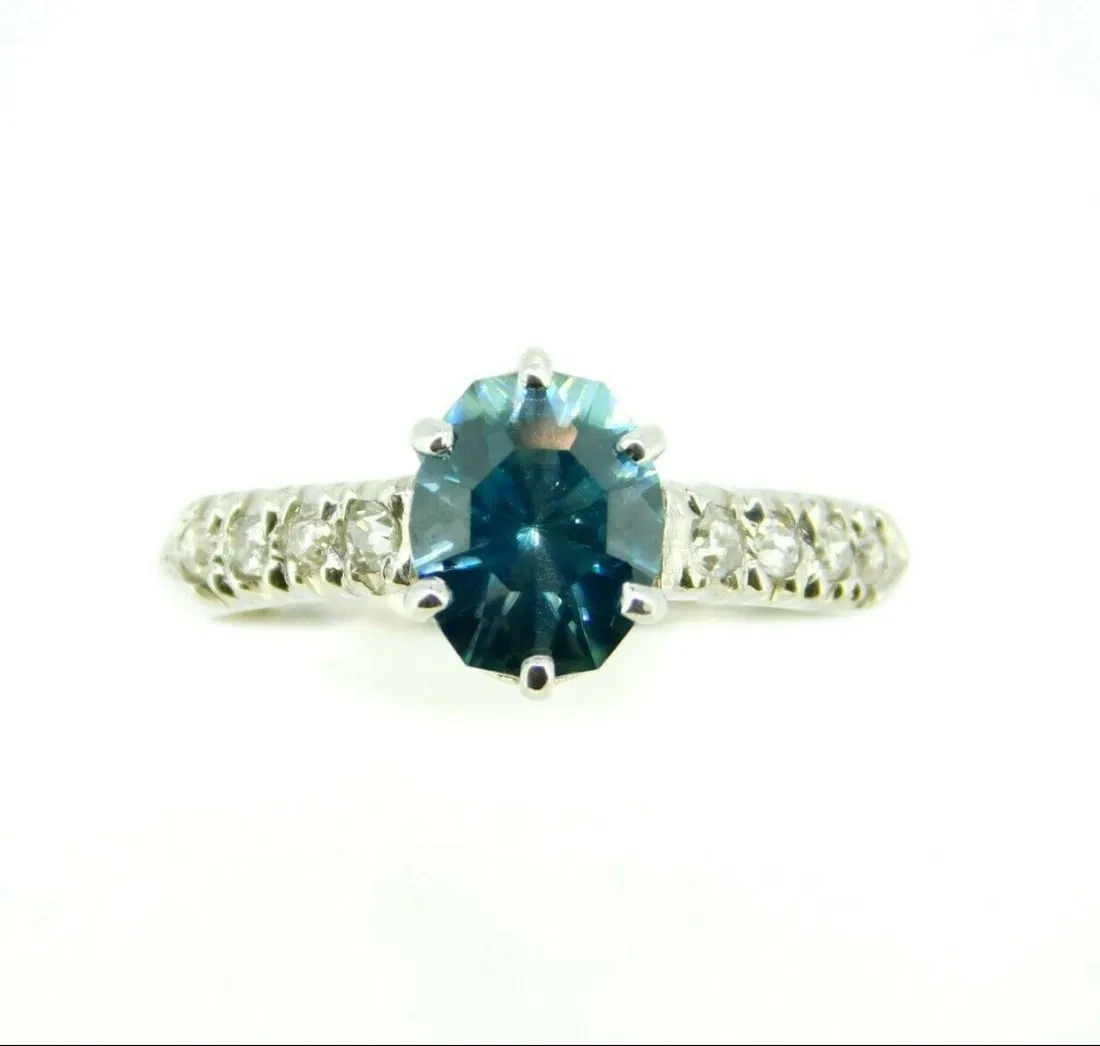 Vintage 14k White Gold 2.88ct Blue Zircon Diamond Ring GIA Certified