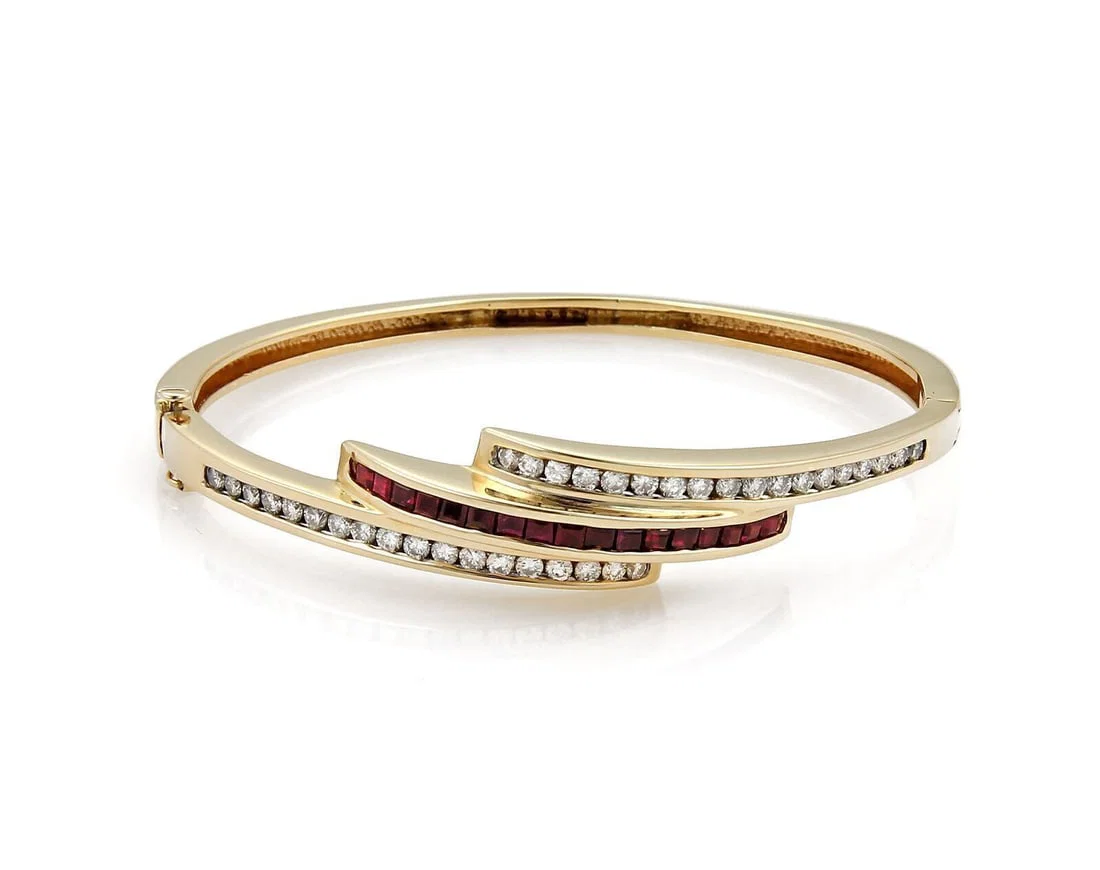 Vintage 14k Yellow Gold Bangle Bracelet with Diamonds and Rubies
