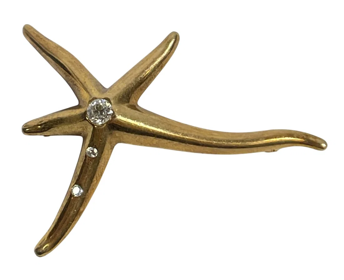 Vintage 14k Yellow Gold & Diamond Star Fish Brooch