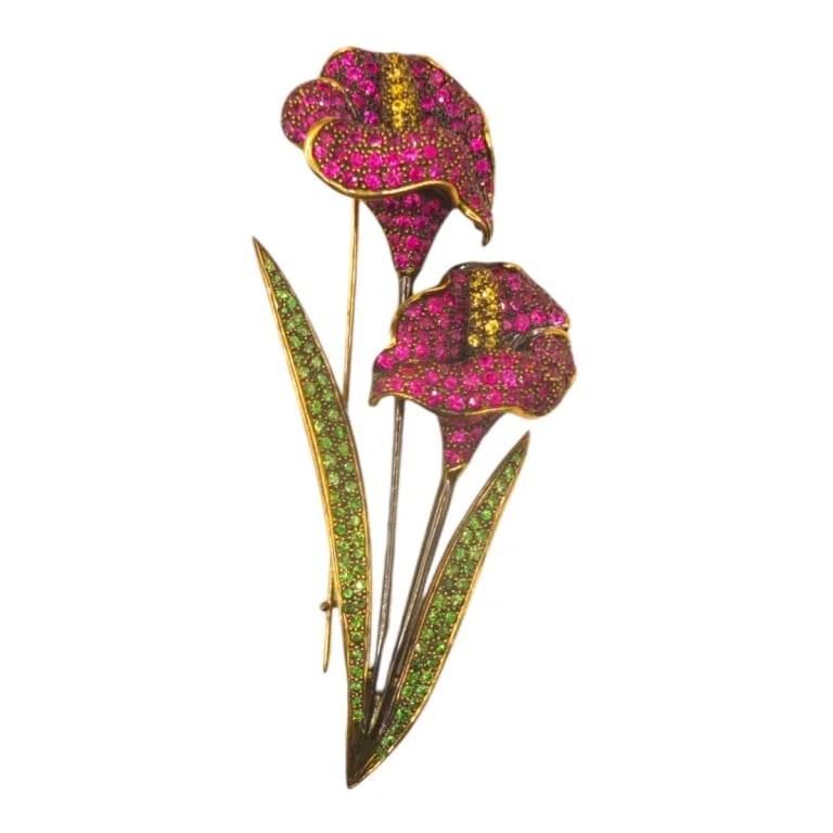 Vintage 18K & Gemstone Lily Pin / Brooch