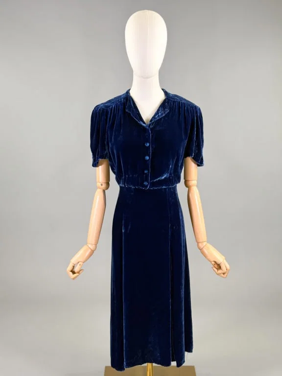 Vintage 1930s Blue Velvet Button Front Day Dress