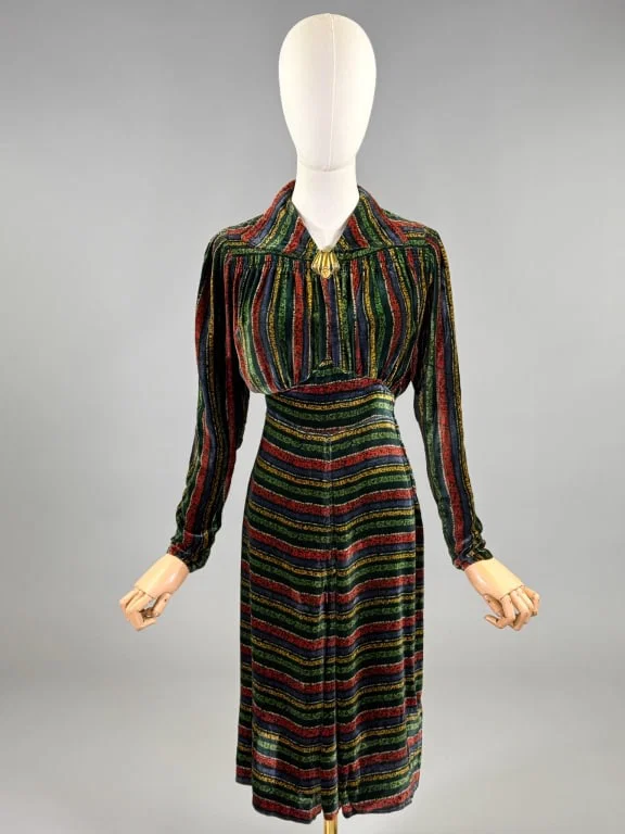 Vintage 1930s Chanel Paris Velvet Stripe Day Dress