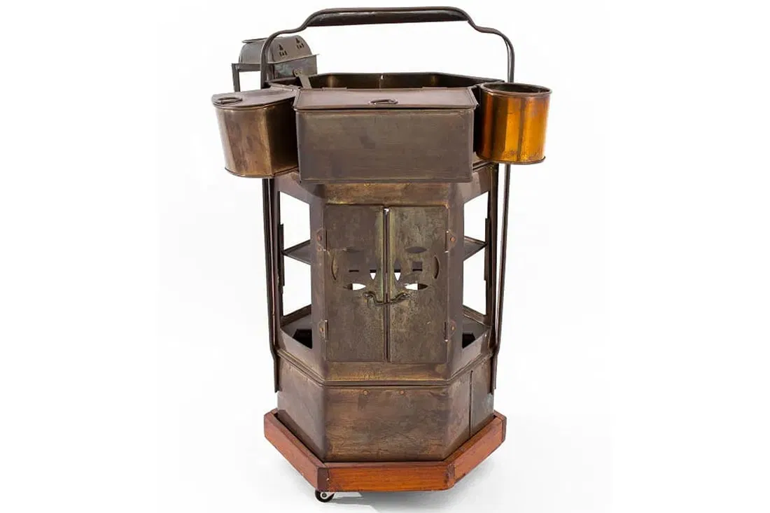 Vintage 1930s Chinese Brass Noodle Cart, Dim Sum Cooker Cart For Street Food Market, Hexagonal Shape