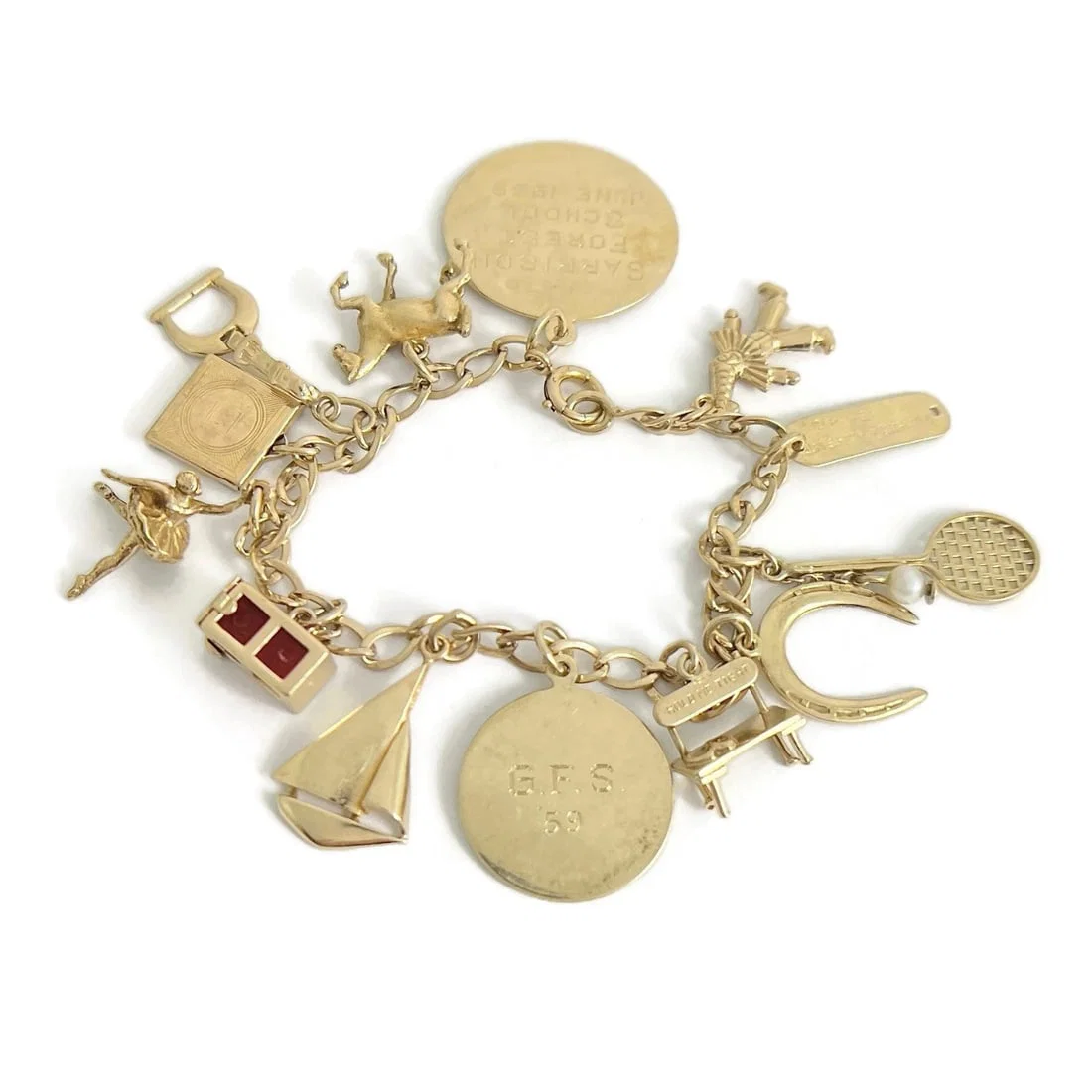 Vintage 1940's 1950's Horse Boat Charm Bracelet 14K Yellow Gold, 22.09 Grams