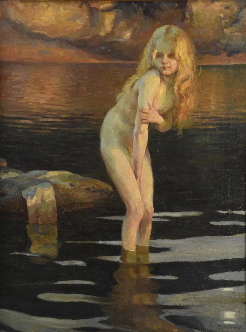 Vintage 1944 Russian Oil on Canvas Painting after PAUL CHABAS "Au Crépuscule (At Dusk)"