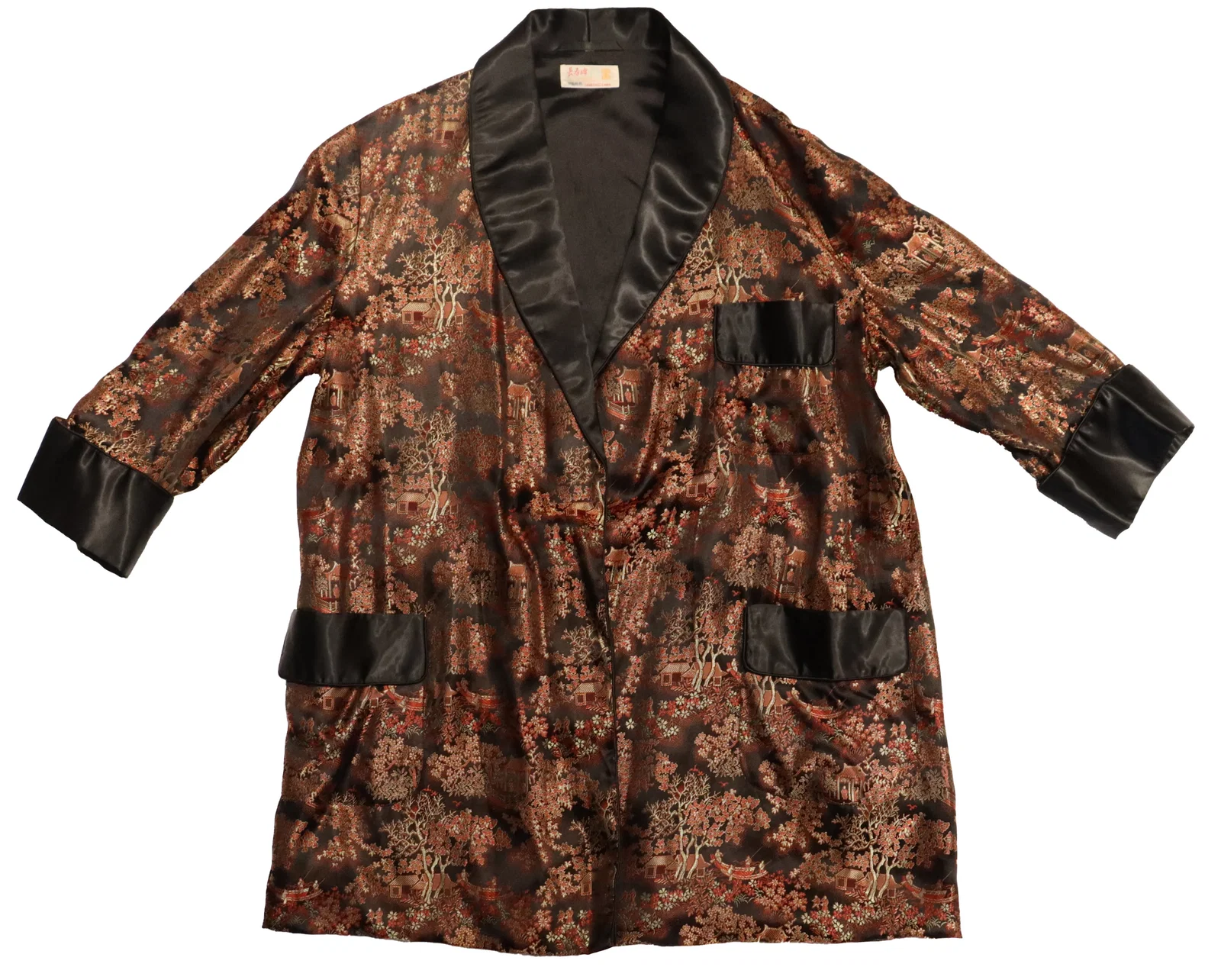 Vintage 1950s Chinese Longevity Company Brocaded Silk and Satin Smoking Jacket