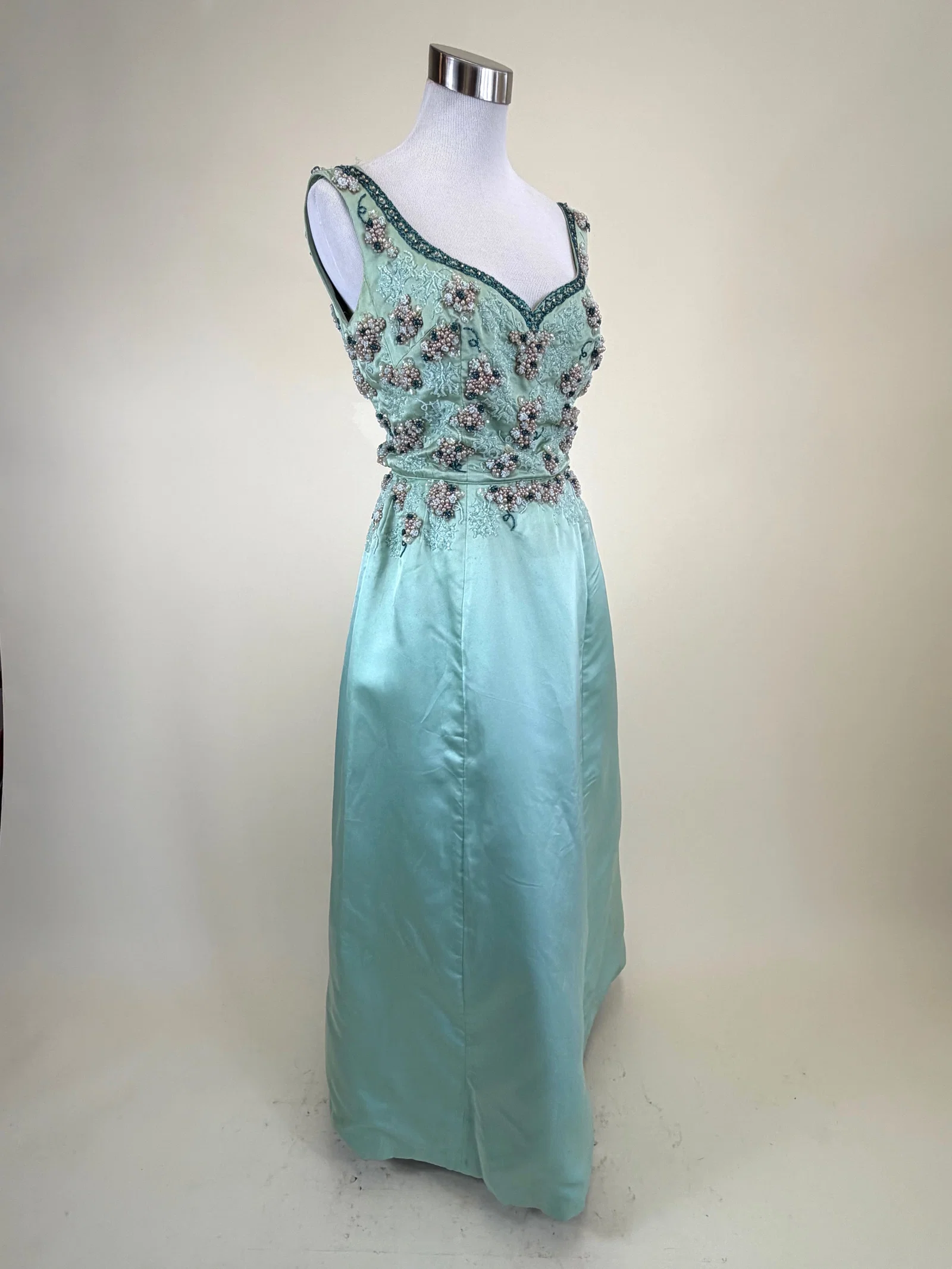 Vintage 1960s Heavily Beaded Peau de Soie Evening Gown