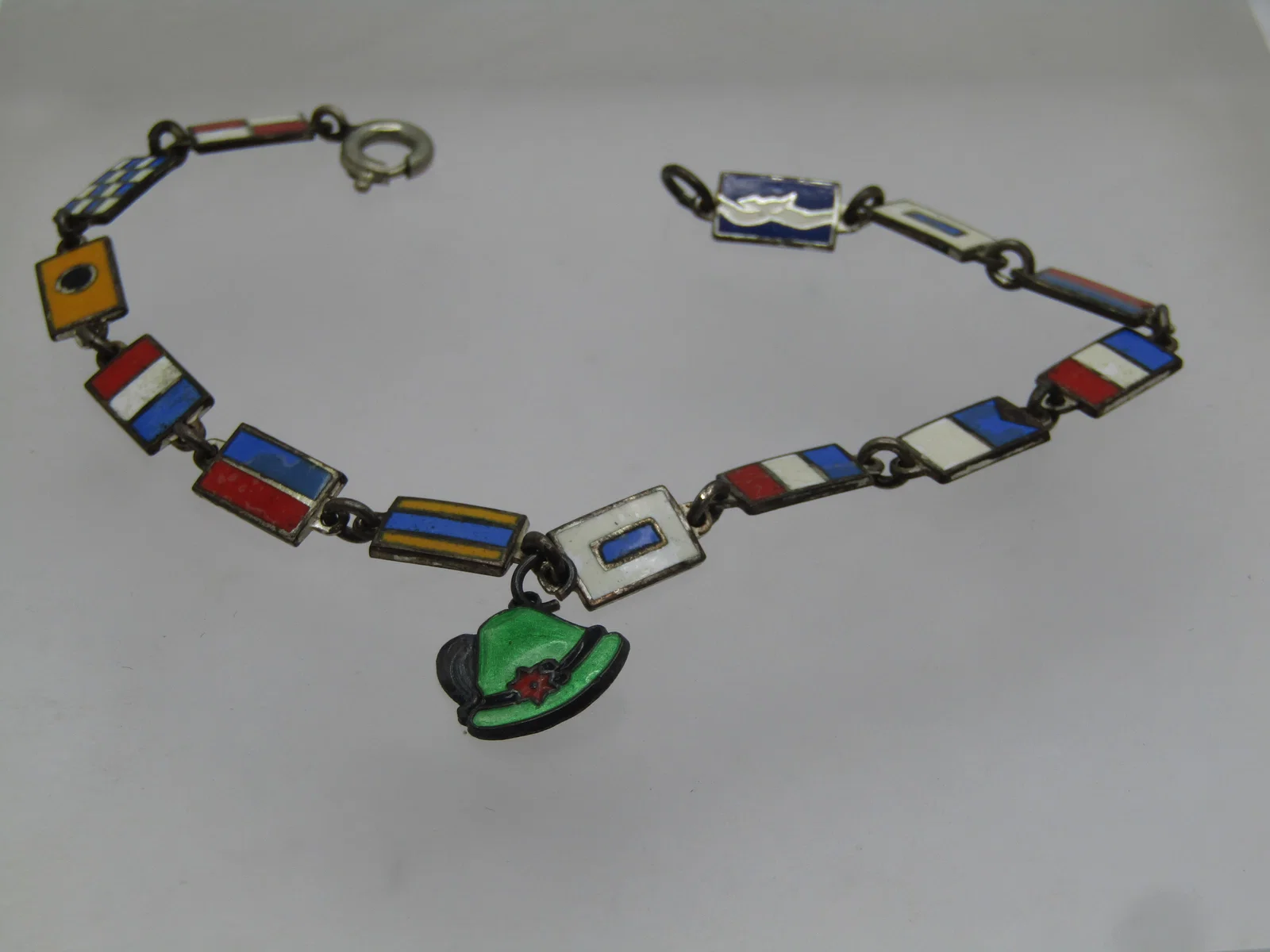 Vintage .835 German Enameled Flag Bracelet, 1950's, 7.25"