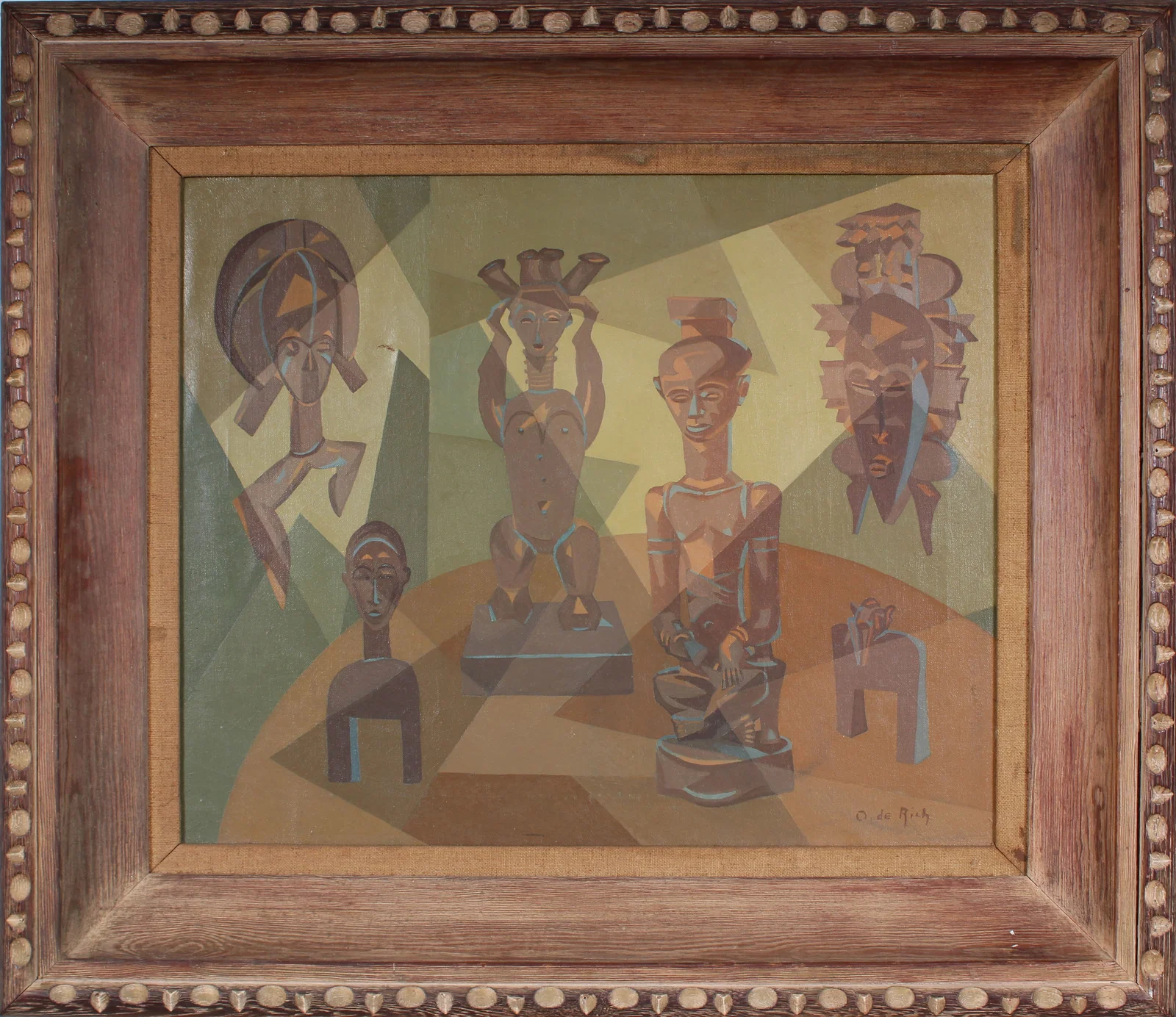 Vintage African American Modernist School Signed Interior Sculpture Portrait Framed Oil Painting