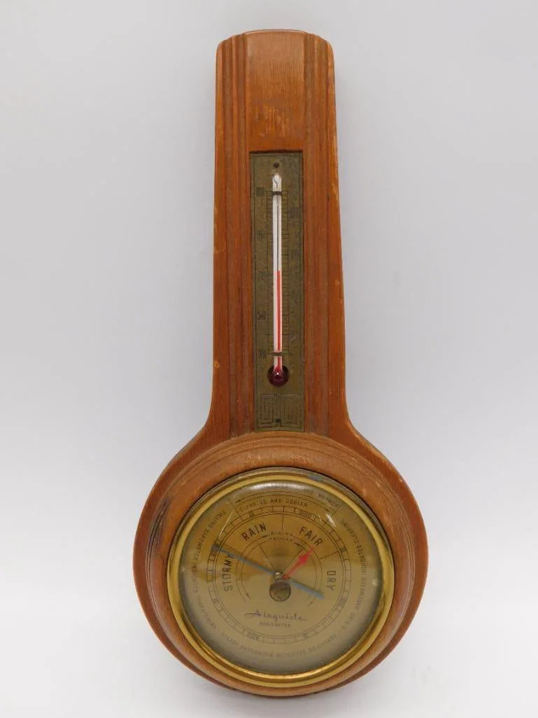 VINTAGE AIRGUIDE MAHOGANY BANJO-STYLE BAROMETER THERMOMETER
