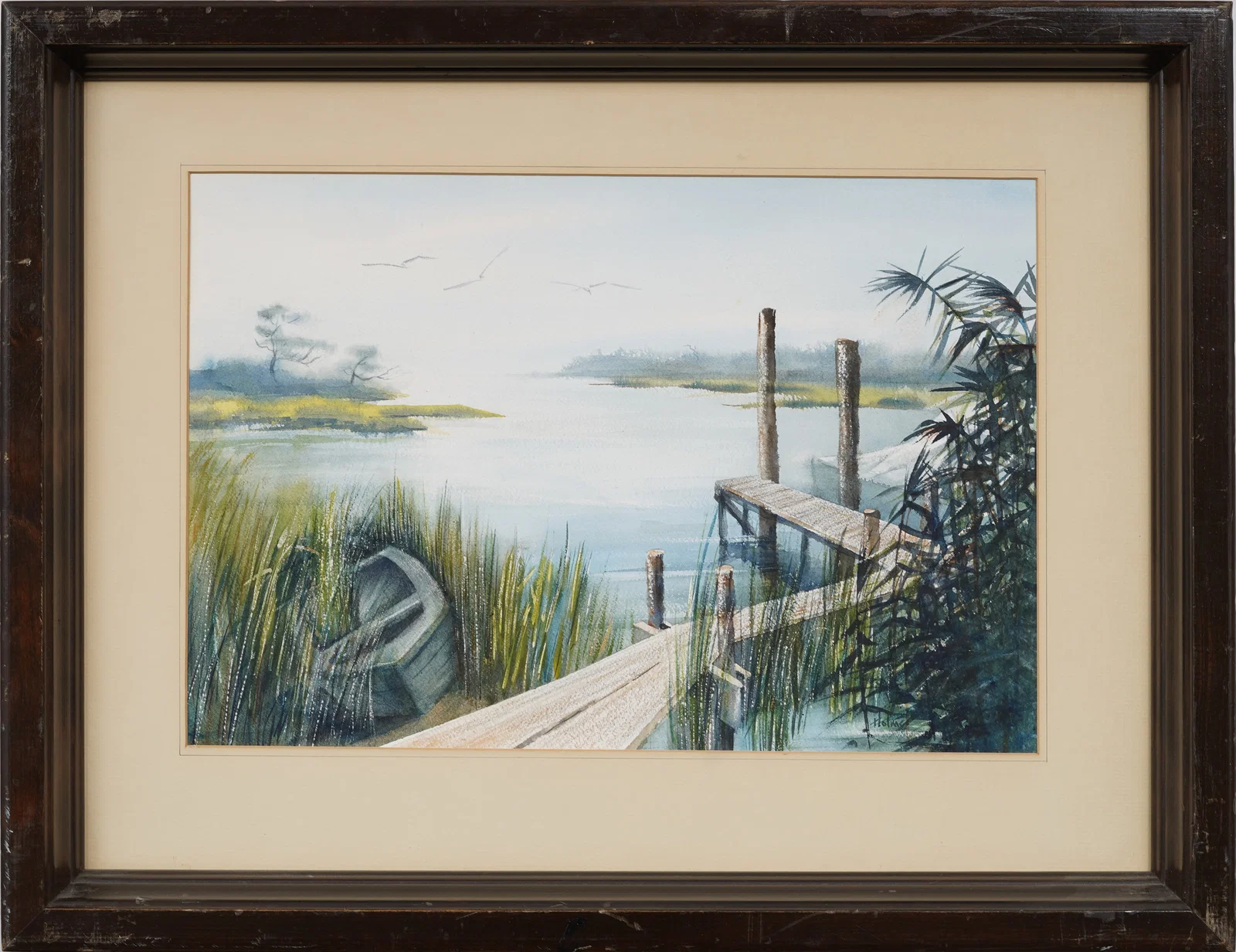 Vintage American Lake Dock Rowboat Original Framed Watercolor Signed "Holmes"